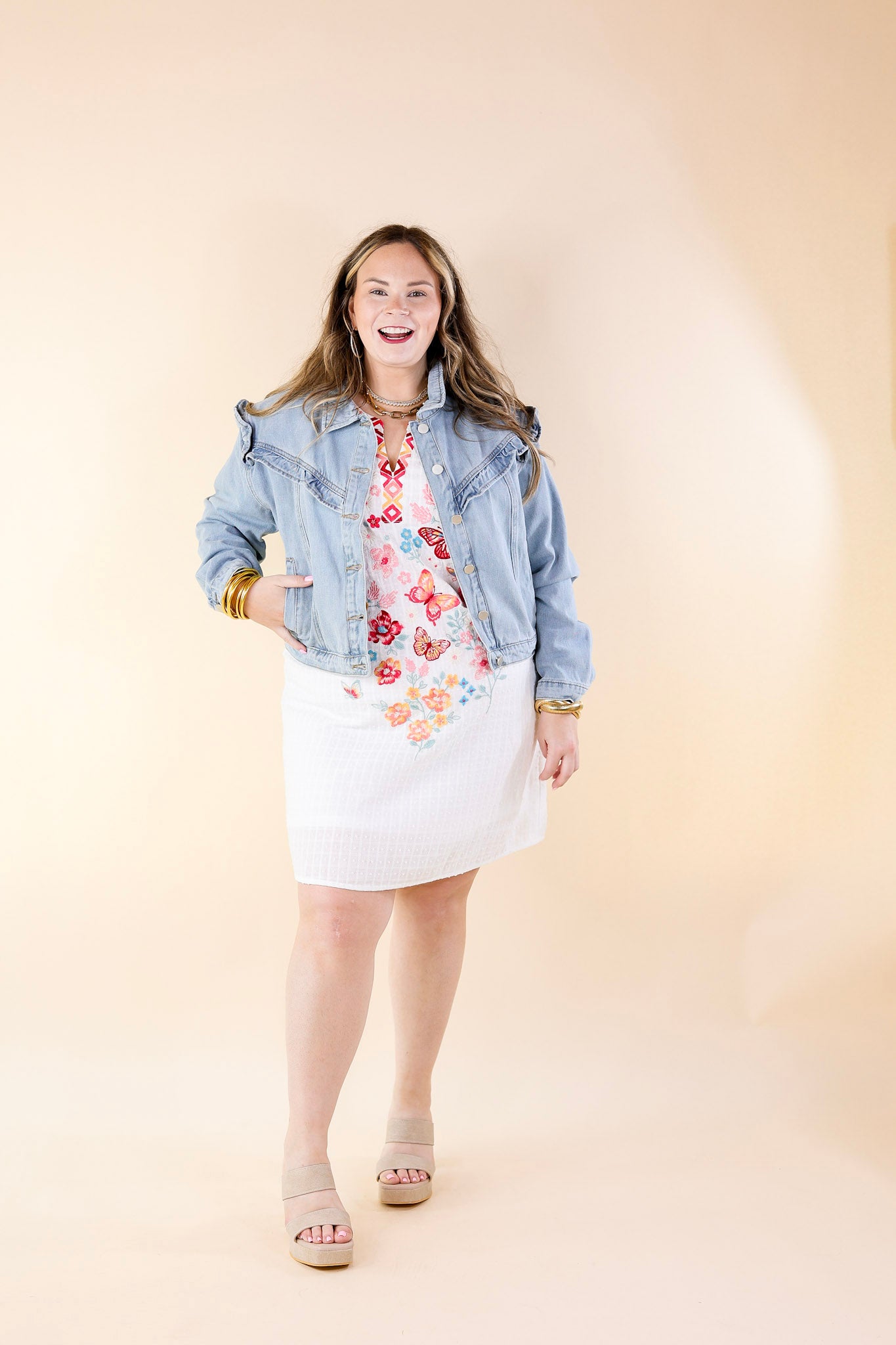 Sweeten the Deal Ruffle Detail Cropped Denim Jacket in Light Wash - Giddy Up Glamour Boutique