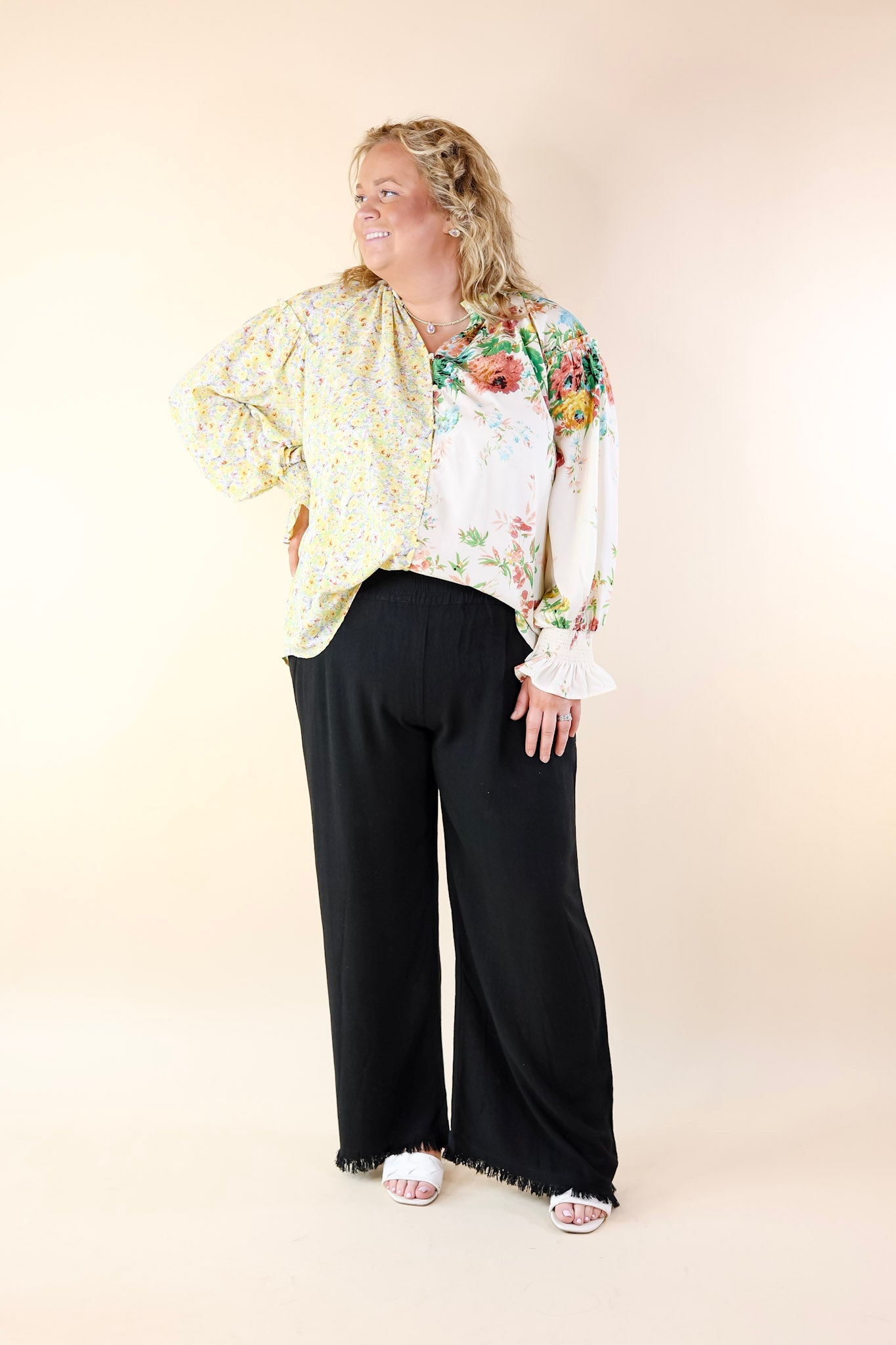 Tulip Time Floral Mix Print Button Up Blouse in Yellow - Giddy Up Glamour Boutique
