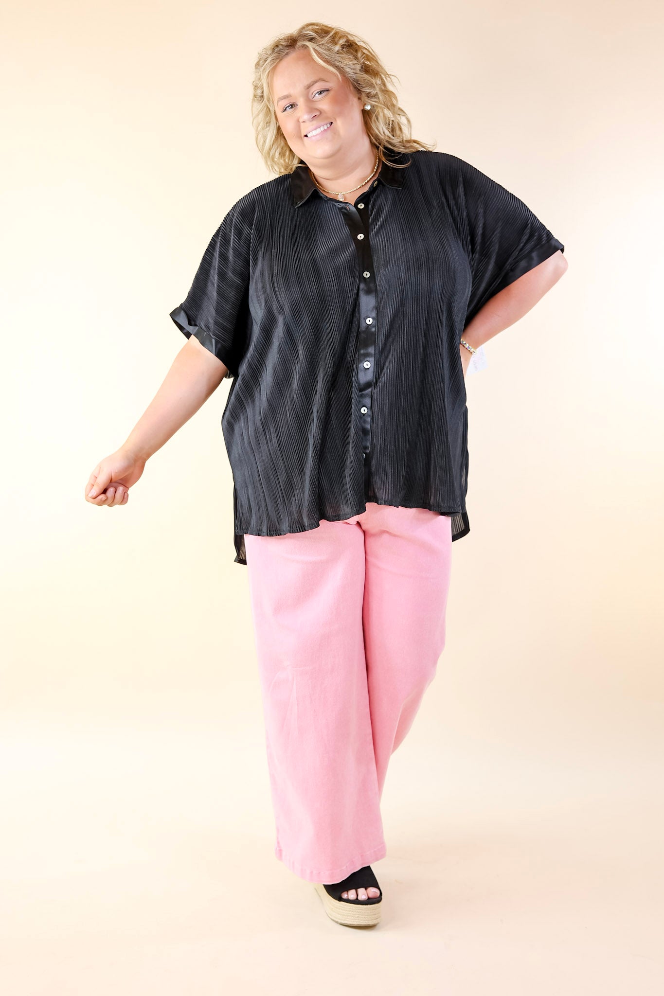 Walking In Paradise Plissé Button Up Top in Black - Giddy Up Glamour Boutique