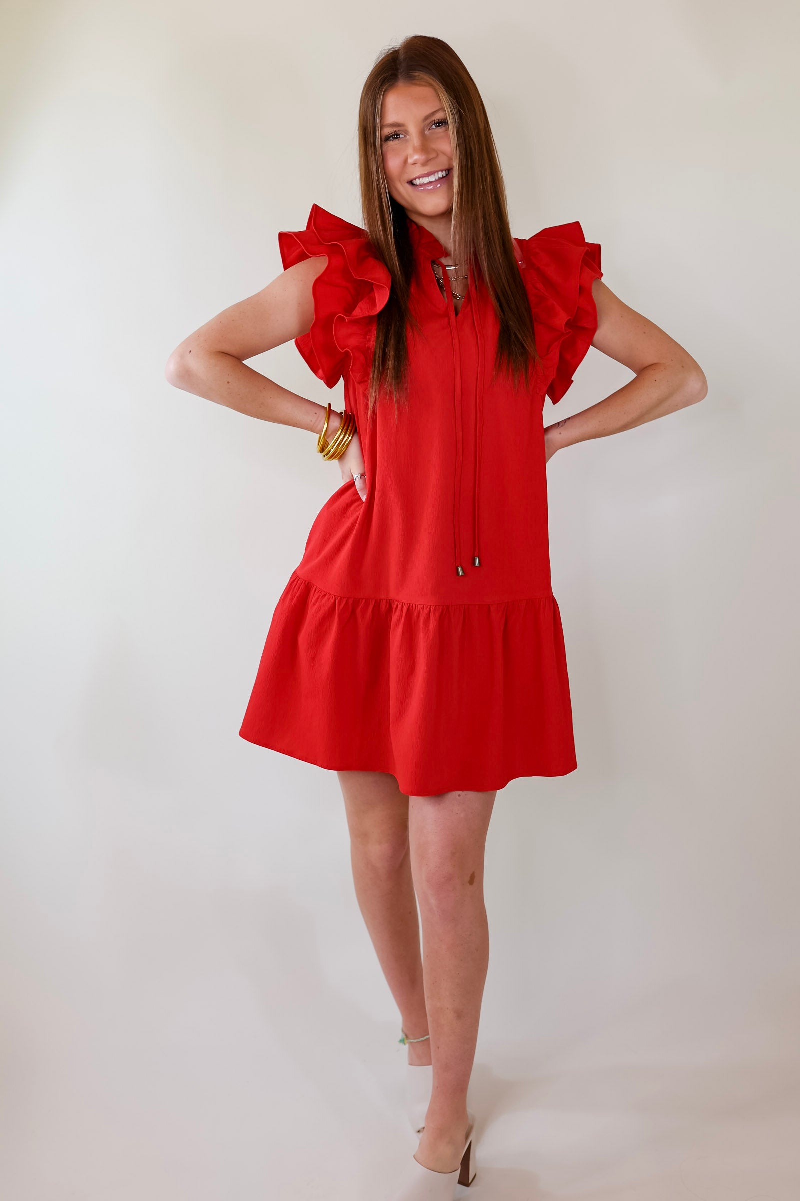 Powerful Love Ruffle Cap Sleeve Dress with Keyhole and Tie Neckline in Red - Giddy Up Glamour Boutique