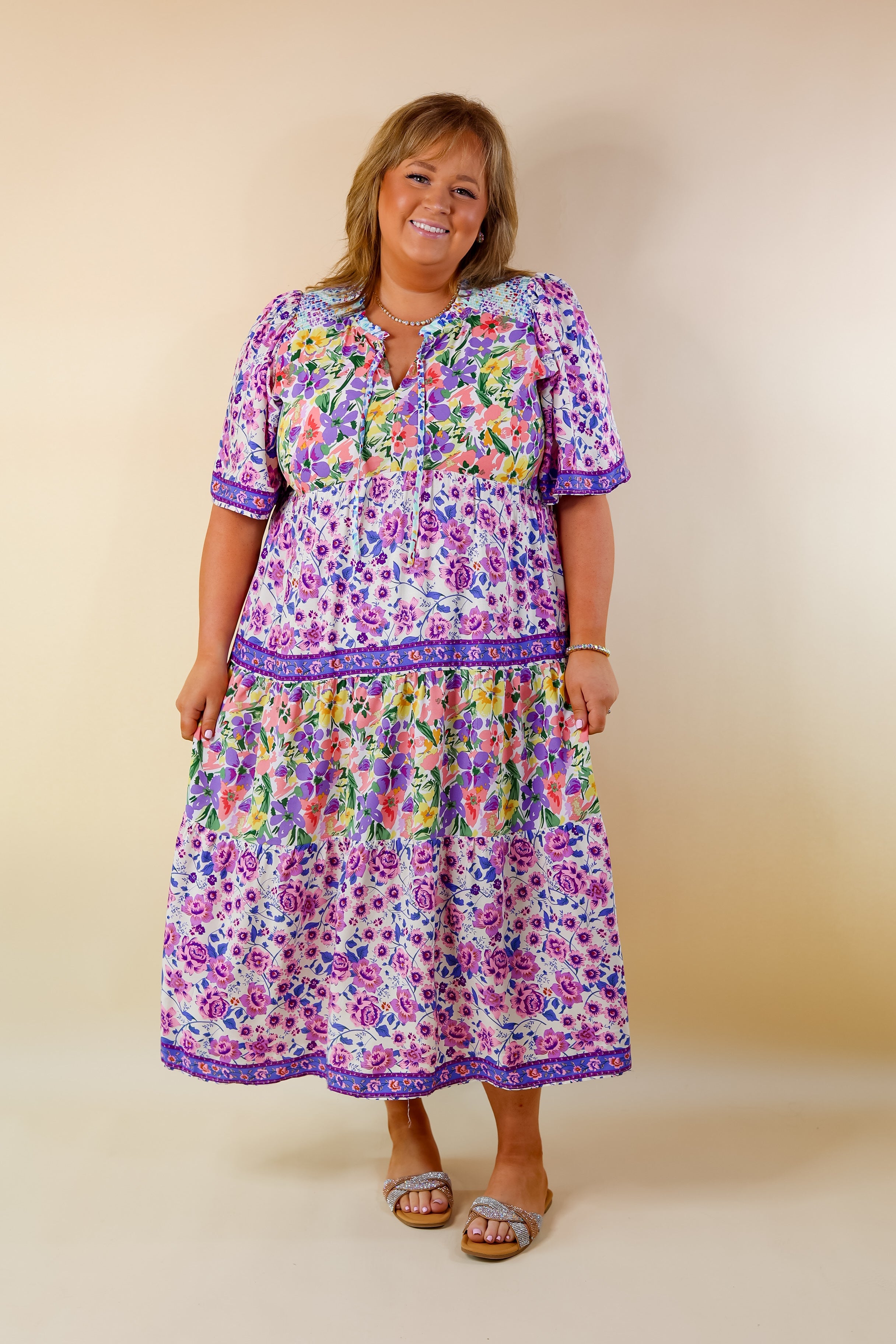 Tulip Fields Floral Tiered Midi Dress in Violet Purple Mix - Giddy Up Glamour Boutique
