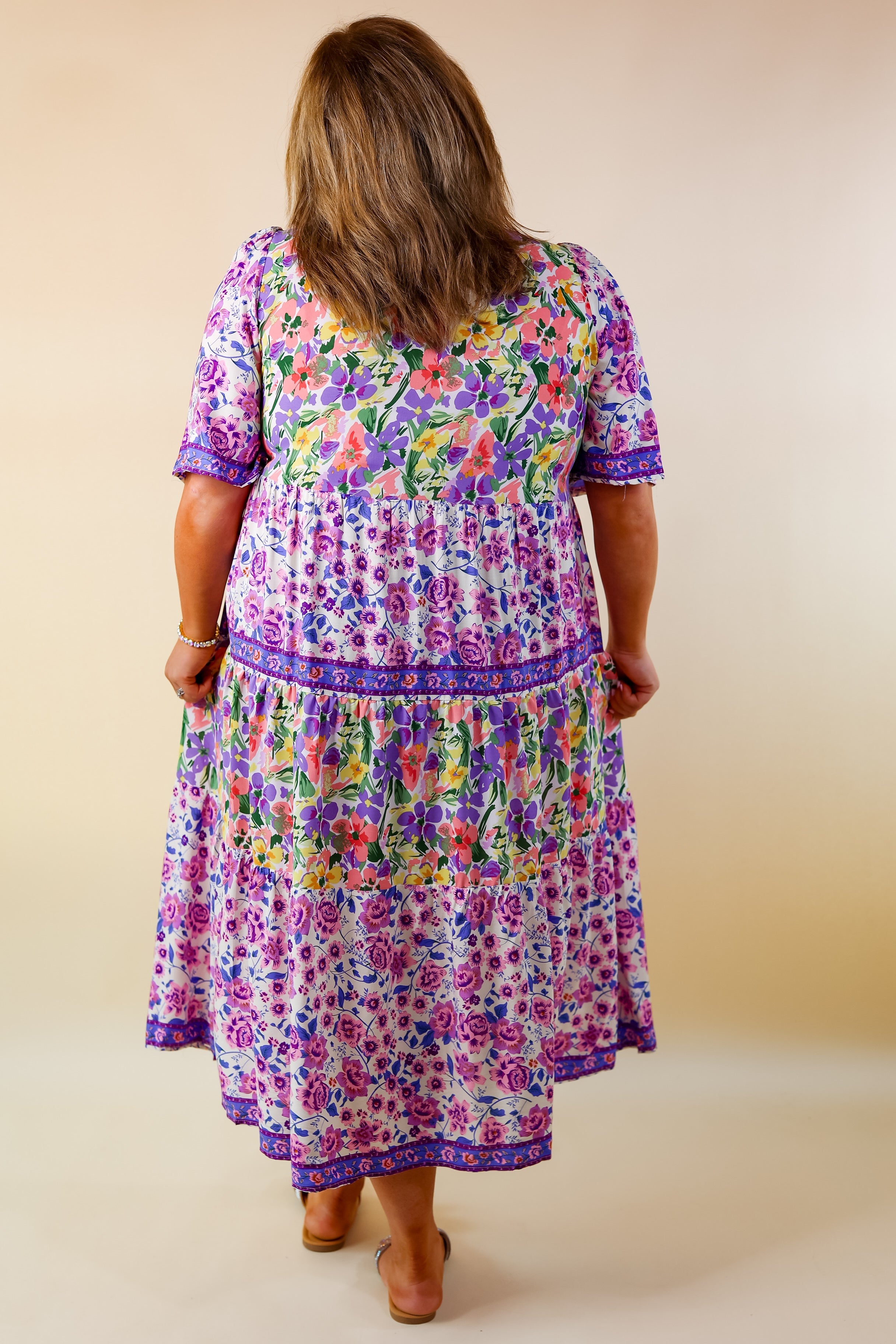 Tulip Fields Floral Tiered Midi Dress in Violet Purple Mix - Giddy Up Glamour Boutique