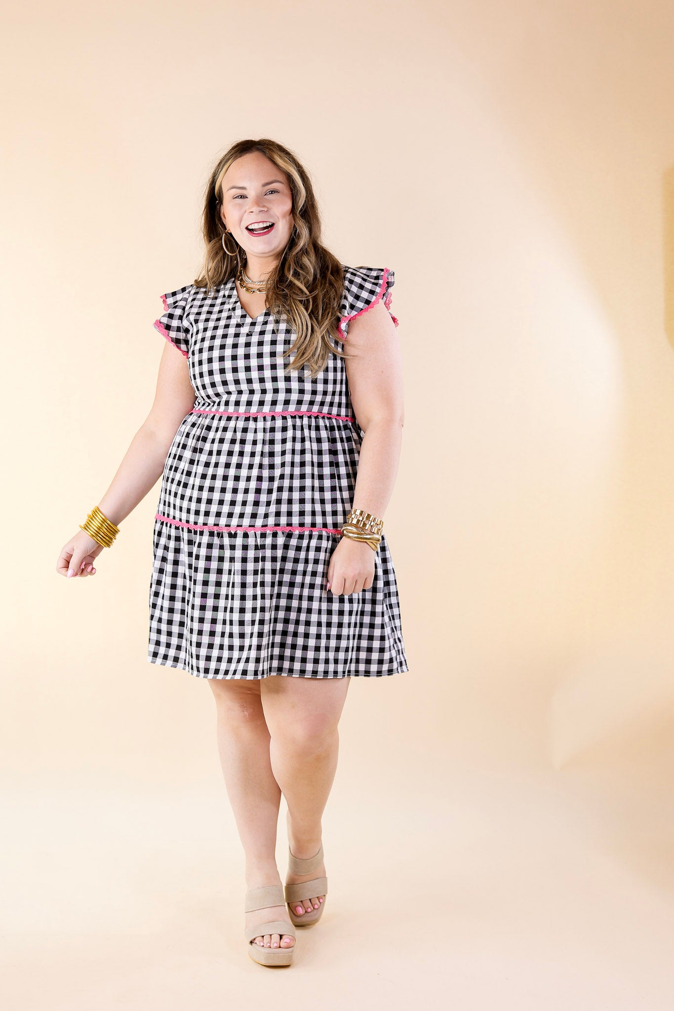 Flirty Mood Gingham Ruffle Tiered Dress with Pink Lace Trim - Giddy Up Glamour Boutique