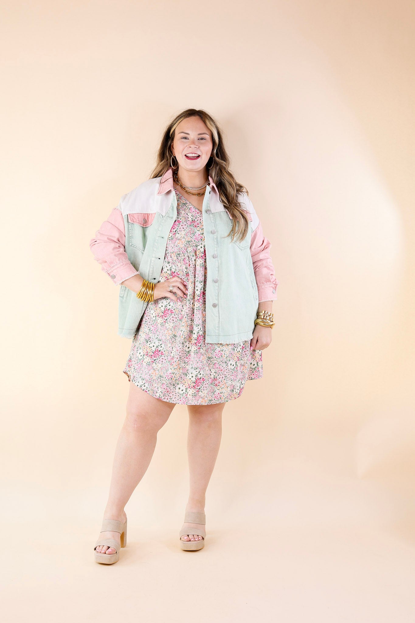 Style Mentor Color Block Button Up Jacket in Sage and Pink - Giddy Up Glamour Boutique