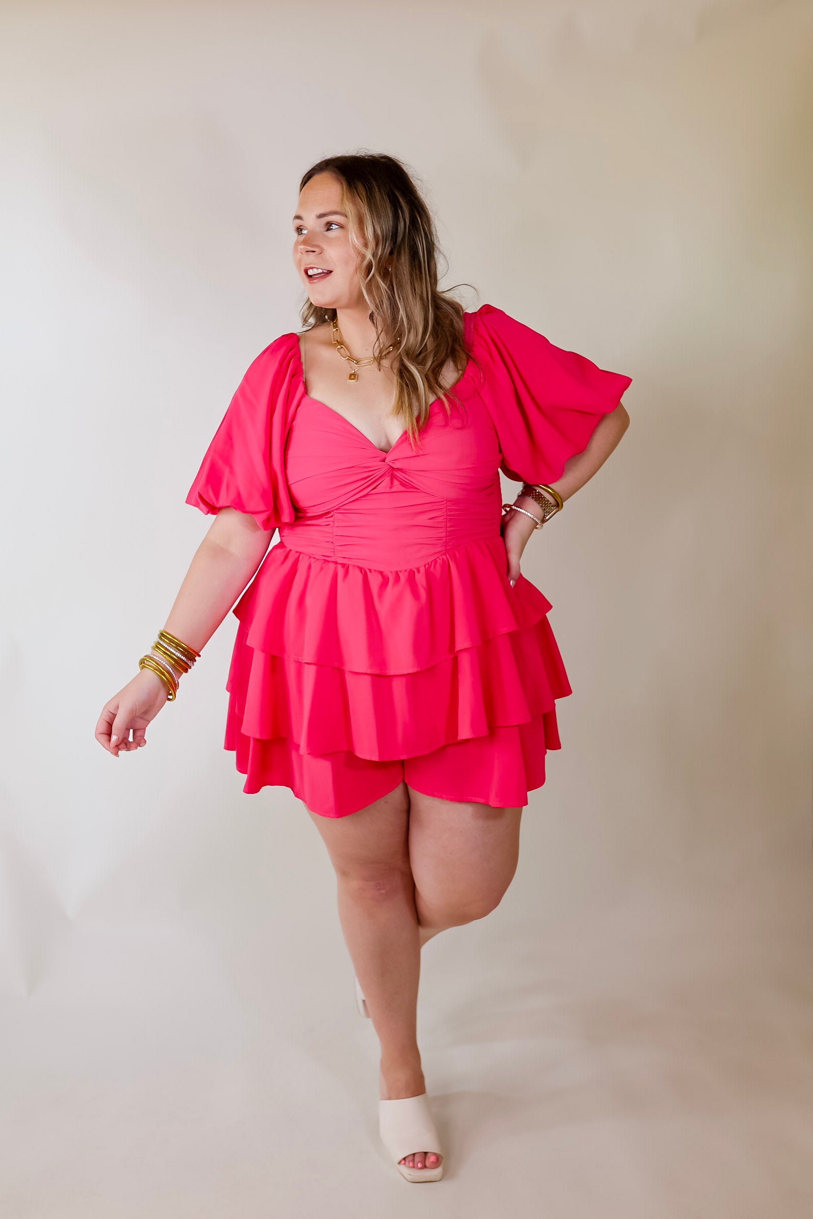 I Want It All Tiered Romper With Puffed Sleeves In Fuchsia Pink - Giddy Up Glamour Boutique