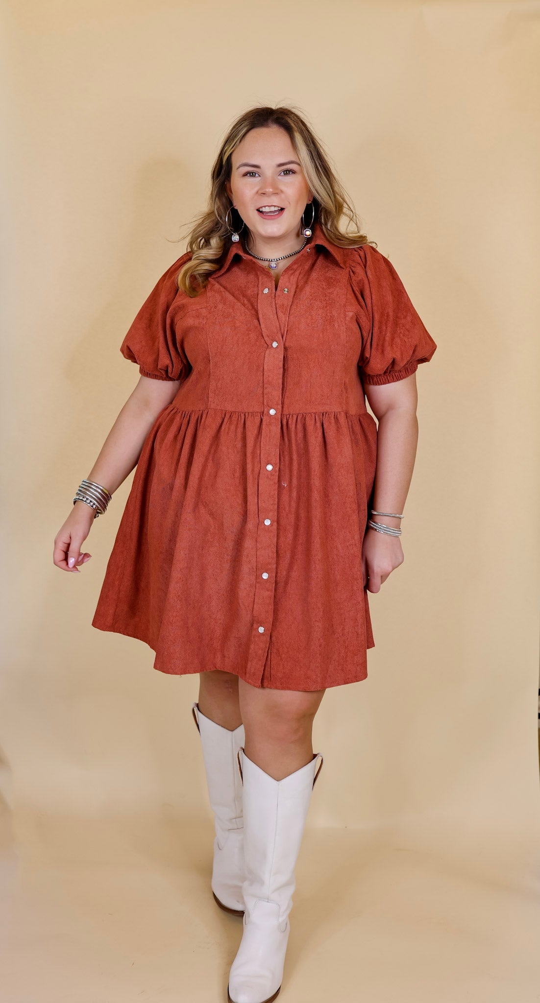 Adventures Ahead Button Up Corduroy Babydoll Dress in Terracotta - Giddy Up Glamour Boutique