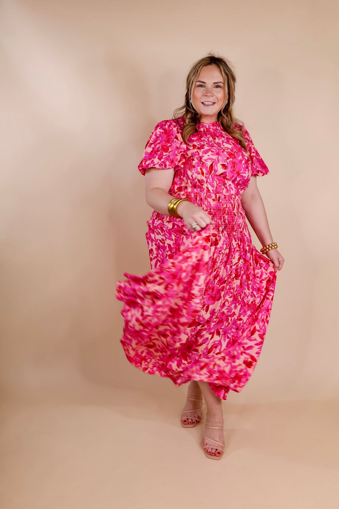 Moonlit Bay Floral High Neck Maxi dress with Smocked Waistline in Pink - Giddy Up Glamour Boutique