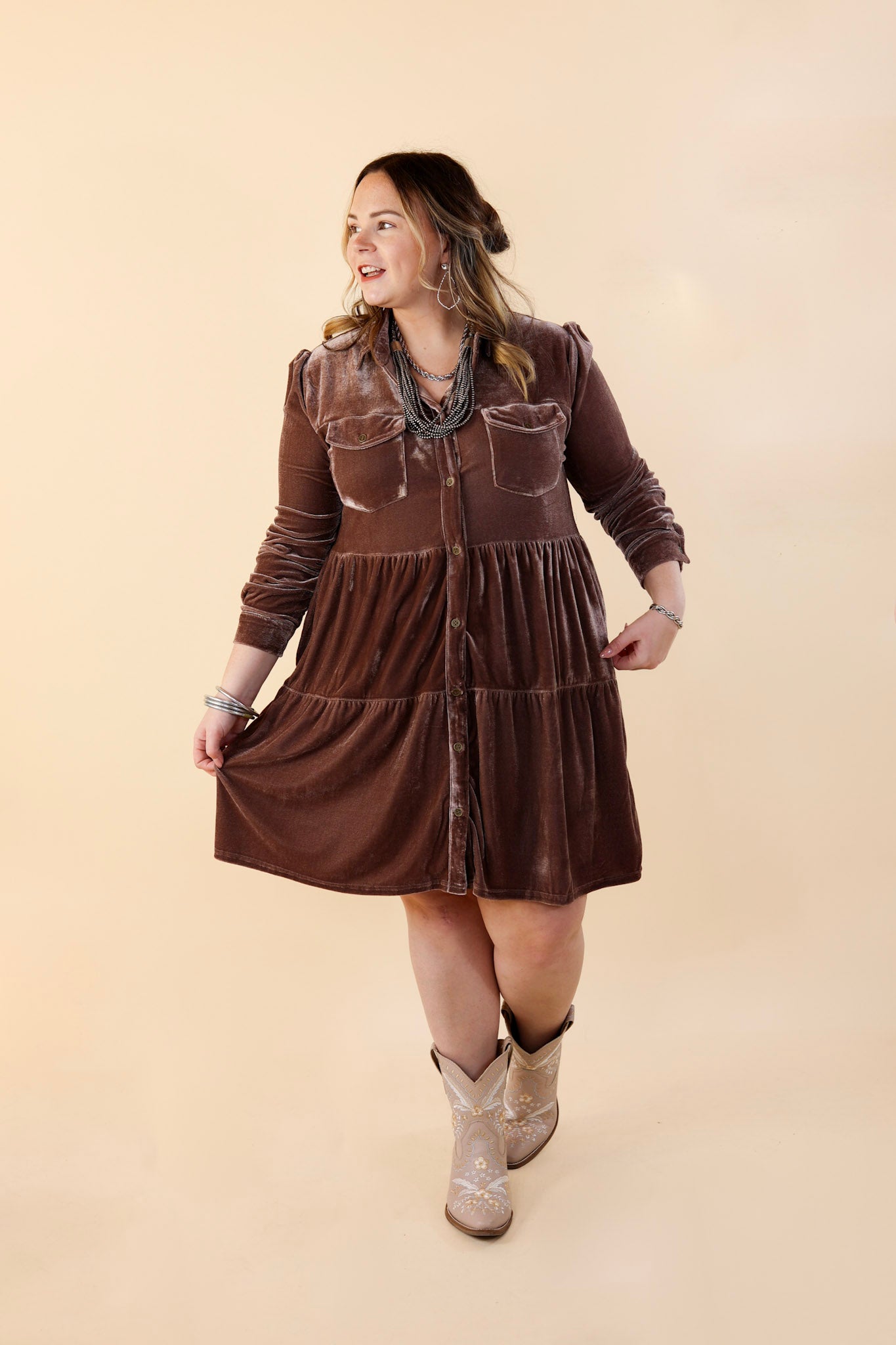 Grateful Gathering Velvet Button Up Dress with Long Sleeves in Almond Brown - Giddy Up Glamour Boutique