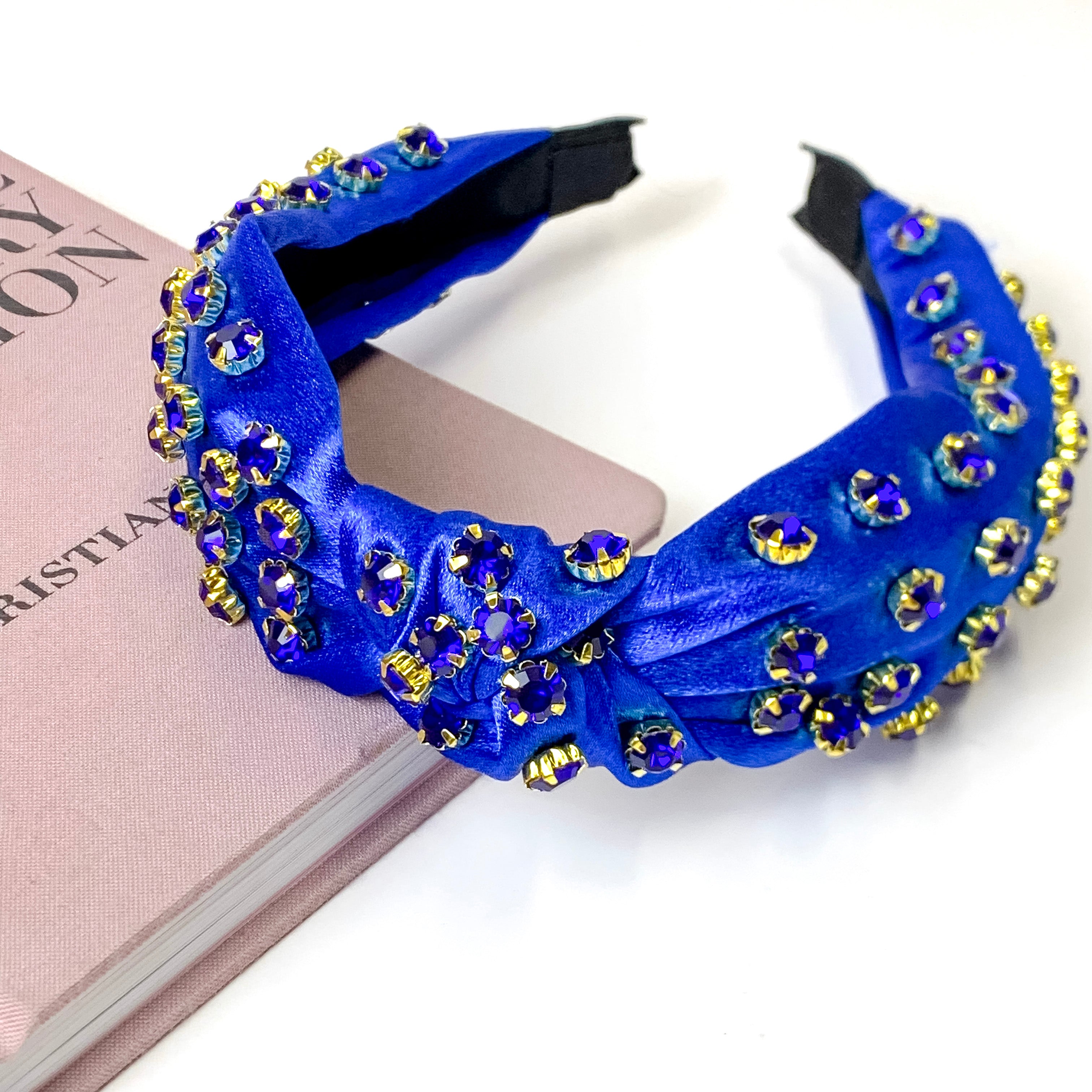 Royal Blue Silk Knotted Headband with Blue Crystal Detailing - Giddy Up Glamour Boutique