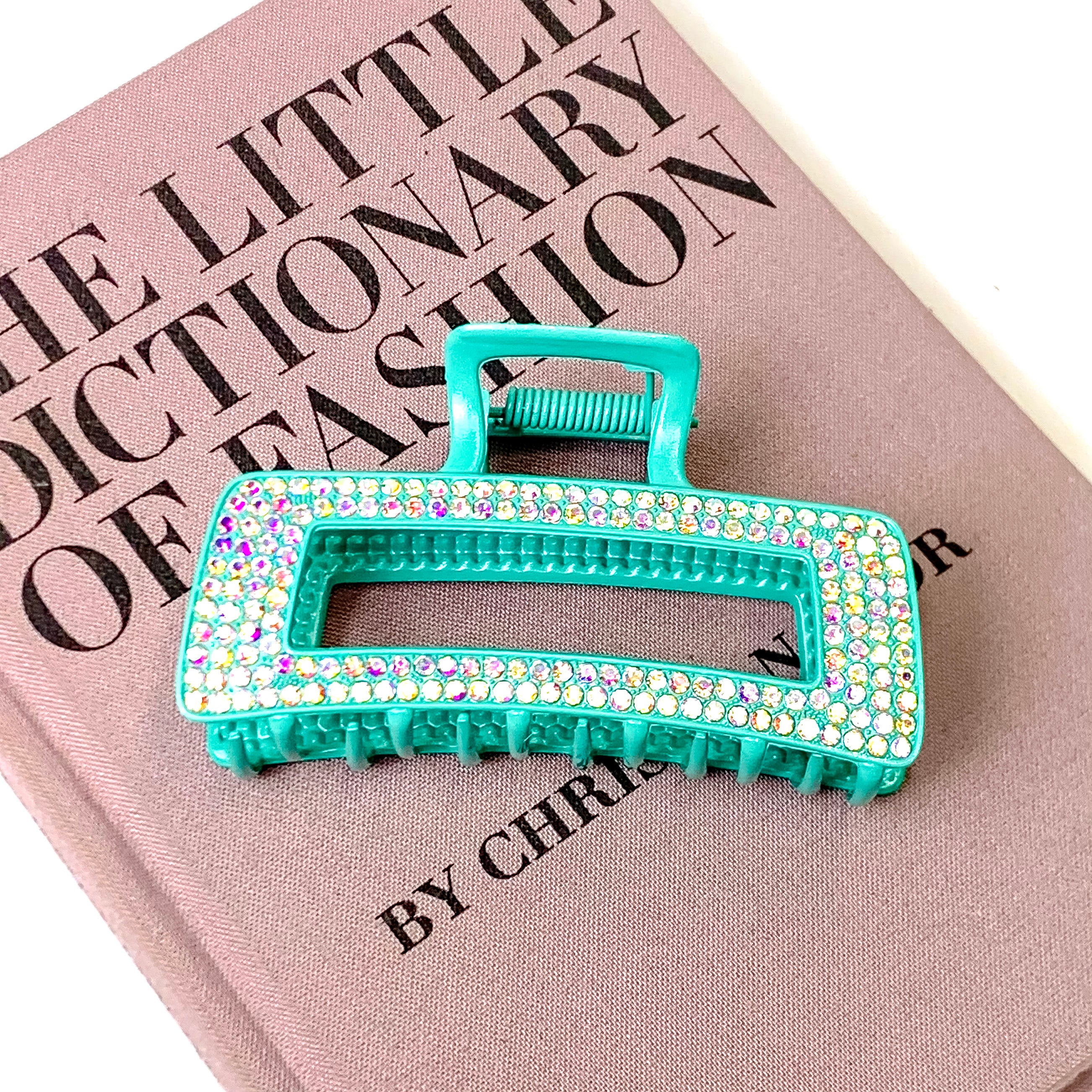 AB Crystal Embellished Metal Rectangle Hair Clip in Turquoise Blue - Giddy Up Glamour Boutique