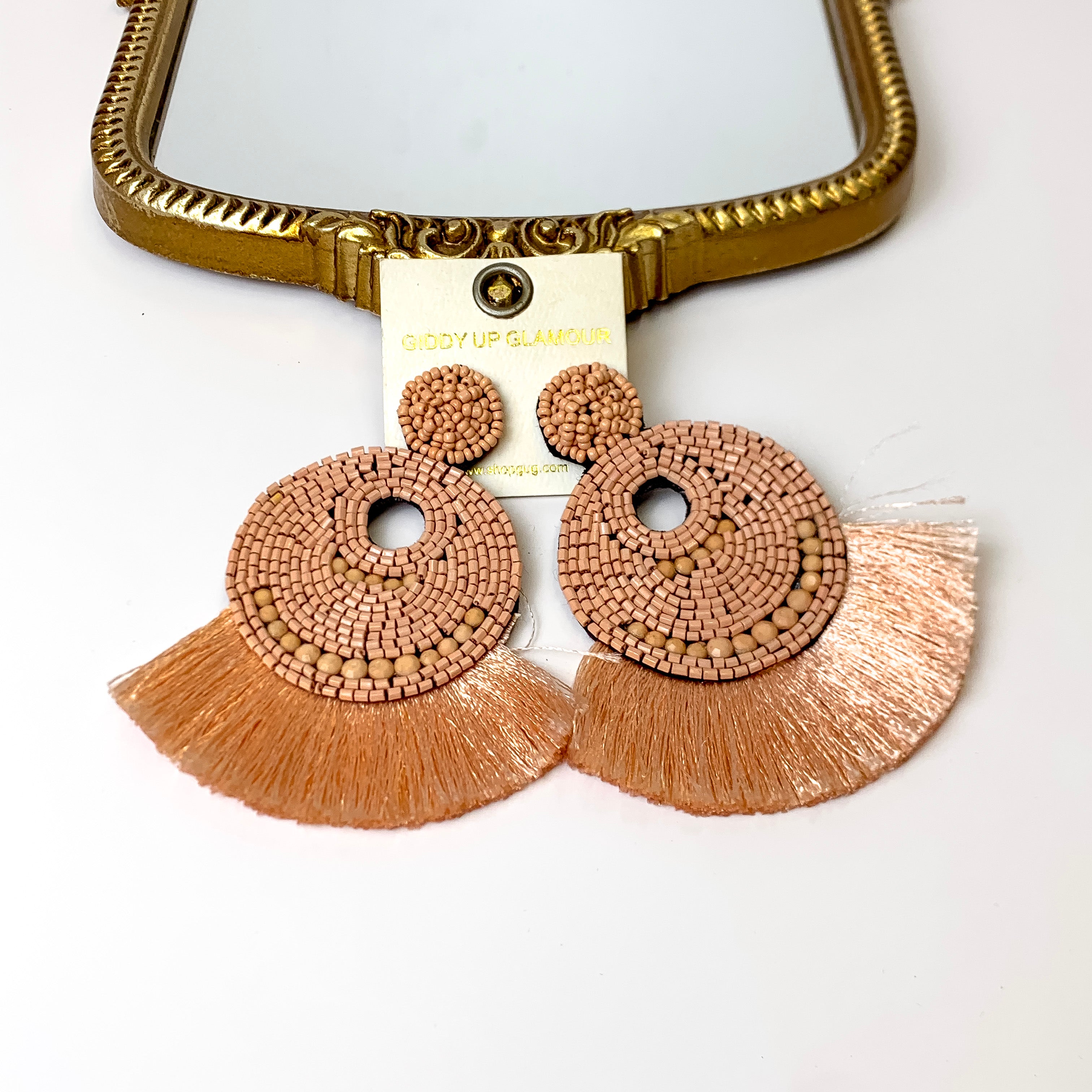 Beaded Statement Earrings with Fringe Trim in Coral Pink - Giddy Up Glamour Boutique