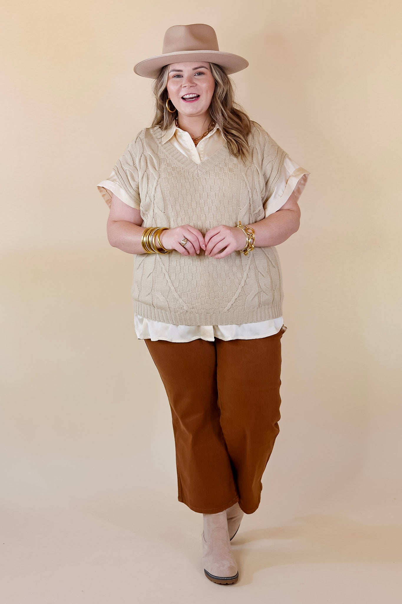 Dream On V Neck Cap Sleeve Sweater in Beige - Giddy Up Glamour Boutique