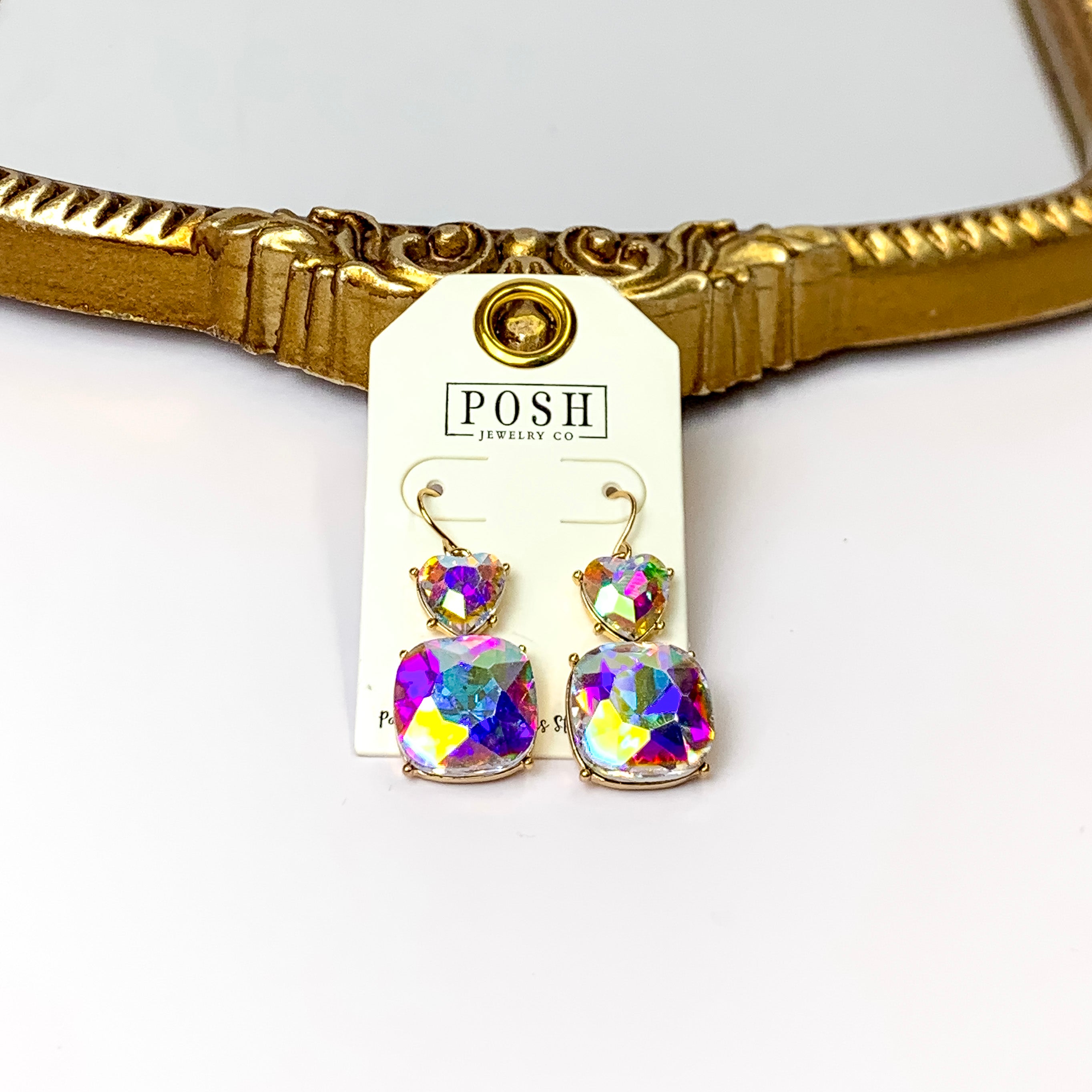 Posh by Pink Panache | Gold Tone Fuchsia Pink Heart Shaped and Cushion Cut Crystal Drop Earrings - Giddy Up Glamour Boutique