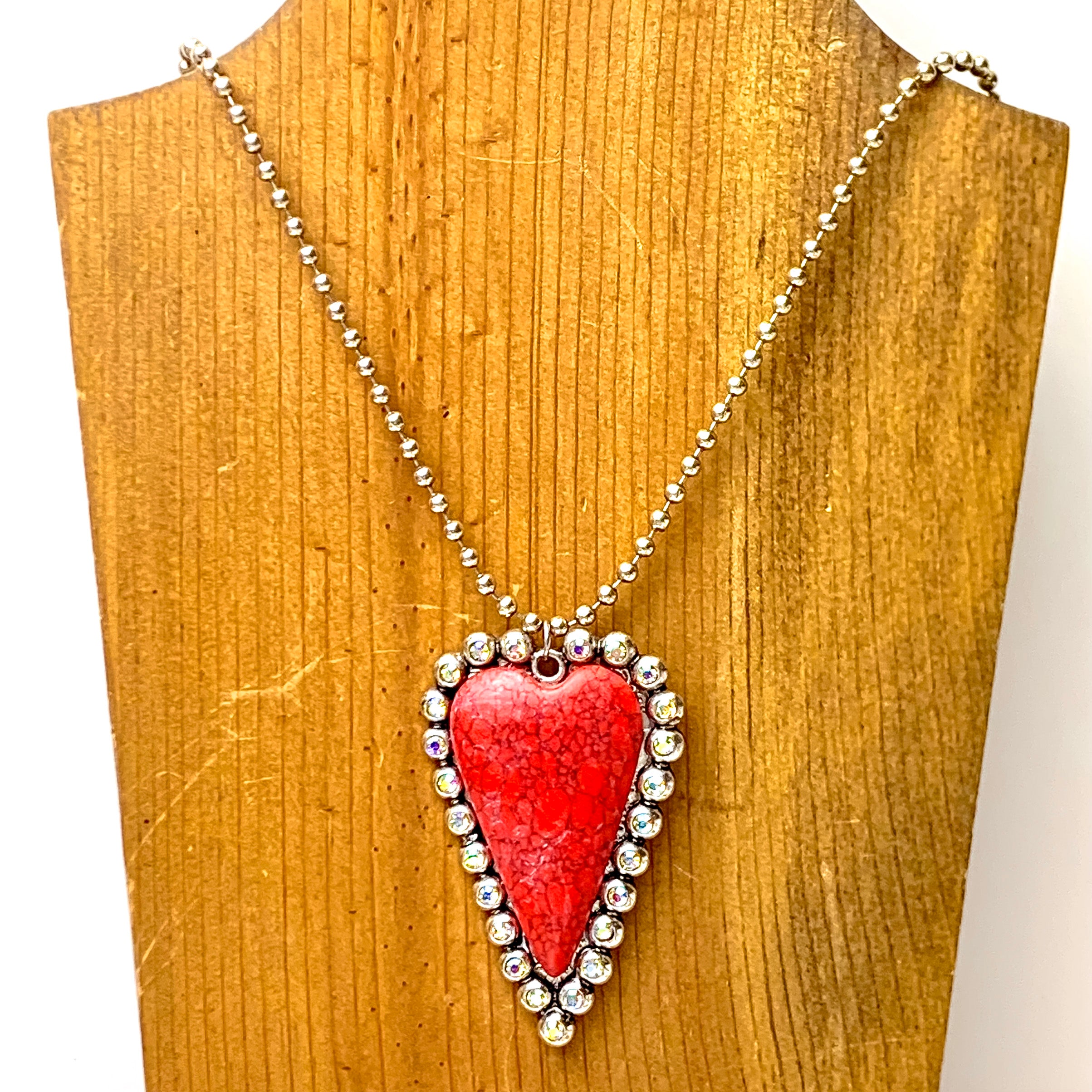 Silver Beaded Necklace With Faux Stone Heart Pendant and AB Crystal Border Accents in Red - Giddy Up Glamour Boutique