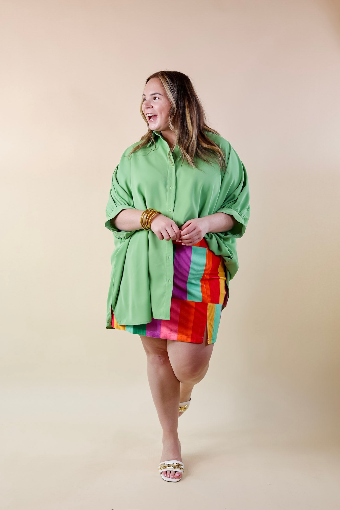 City Lifestyle Button Up Half Sleeve Poncho Top in Aloe Green - Giddy Up Glamour Boutique