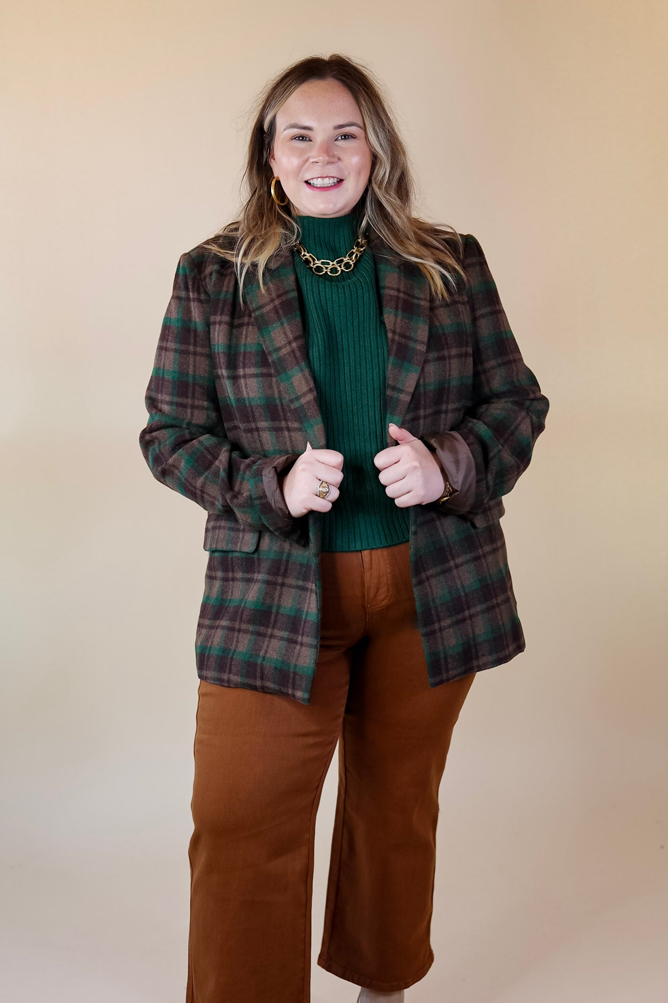 Ready For Anything Plaid Blazer in Brown and Green - Giddy Up Glamour Boutique