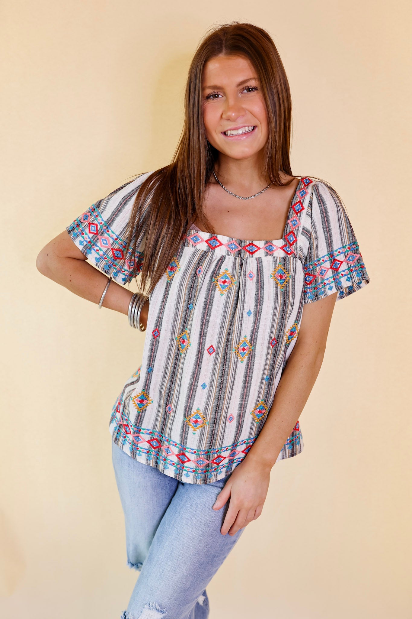 Reaching Out Striped Square Neck Top with Tribal Embroidery in Ivory and Black - Giddy Up Glamour Boutique