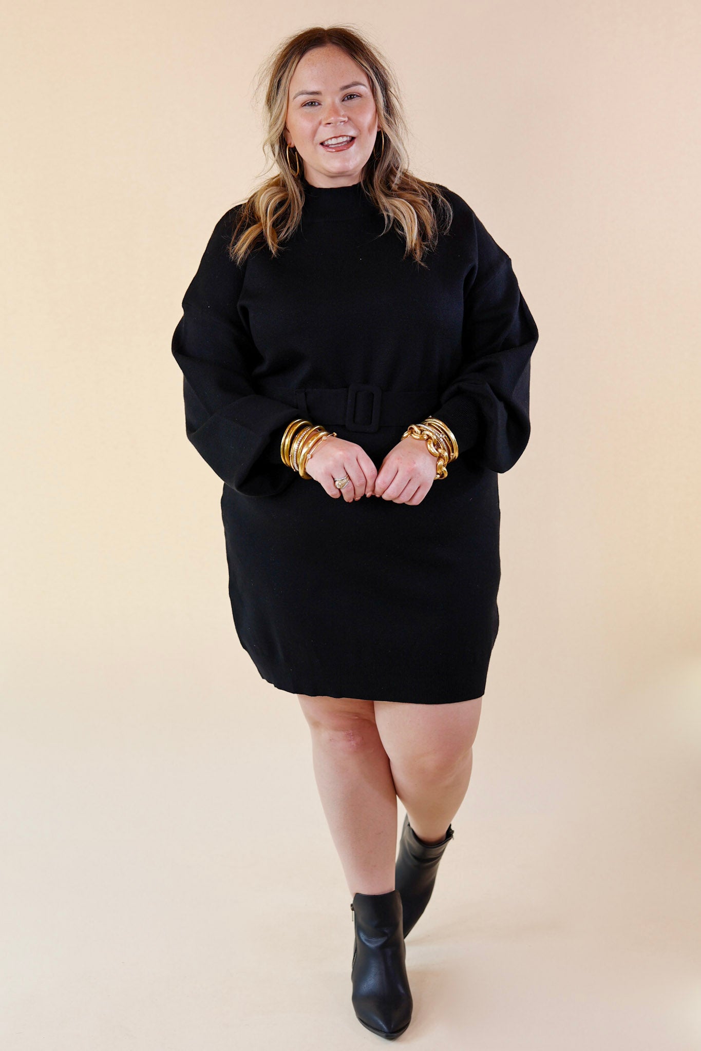 Luxurious Life Sweater Dress with Belt in Black - Giddy Up Glamour Boutique