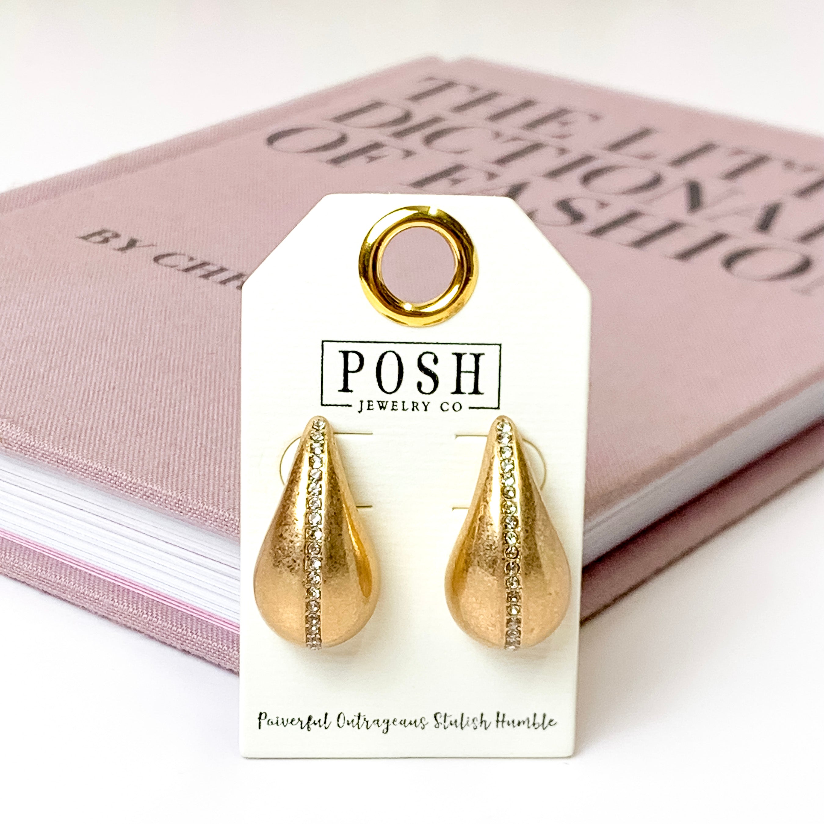 Posh by Pink Panache | Rhinestone Accent Raindrop Post Earrings in Gold - Giddy Up Glamour Boutique