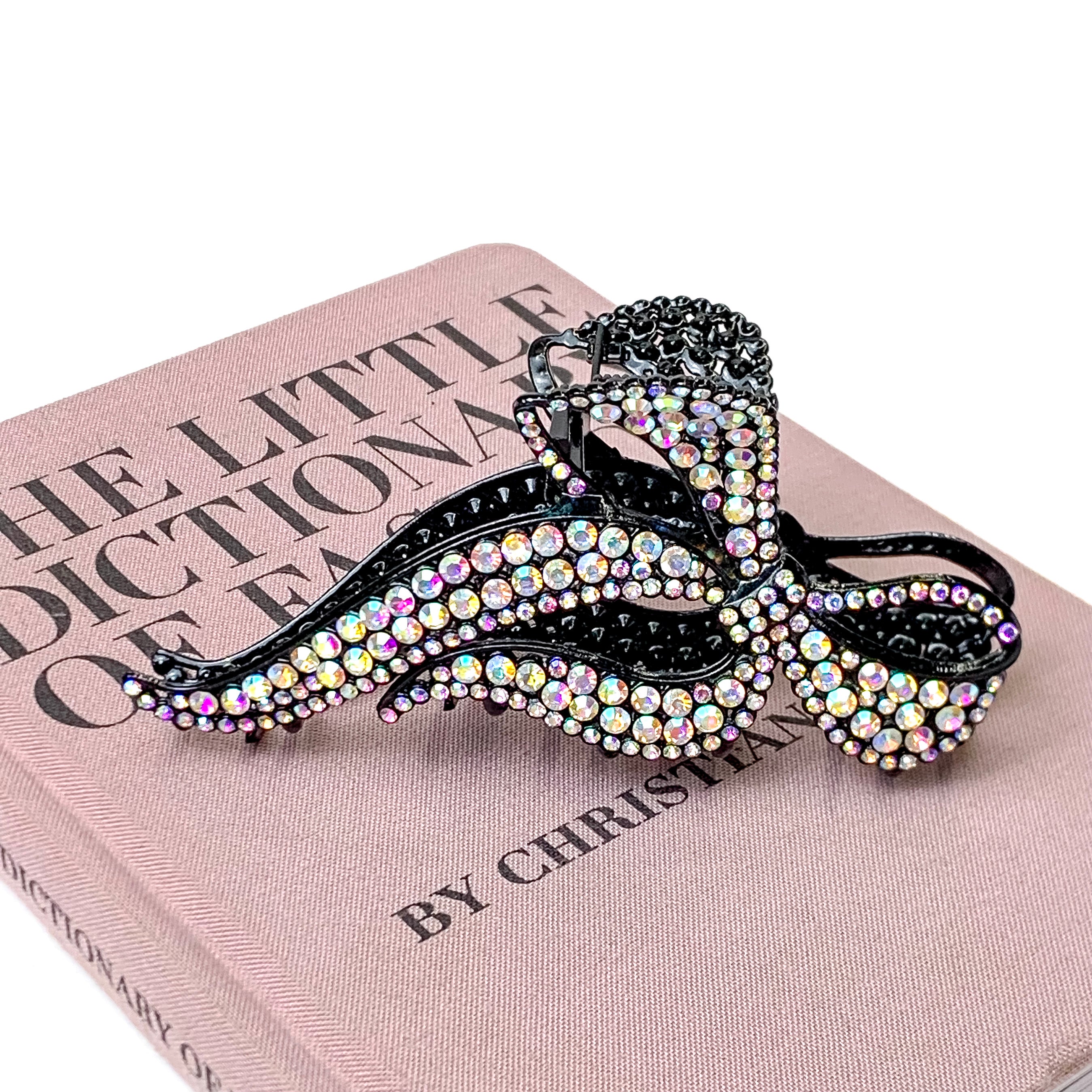 AB Crystal Embellished Bow Shaped Metal Hair Clip in Black - Giddy Up Glamour Boutique