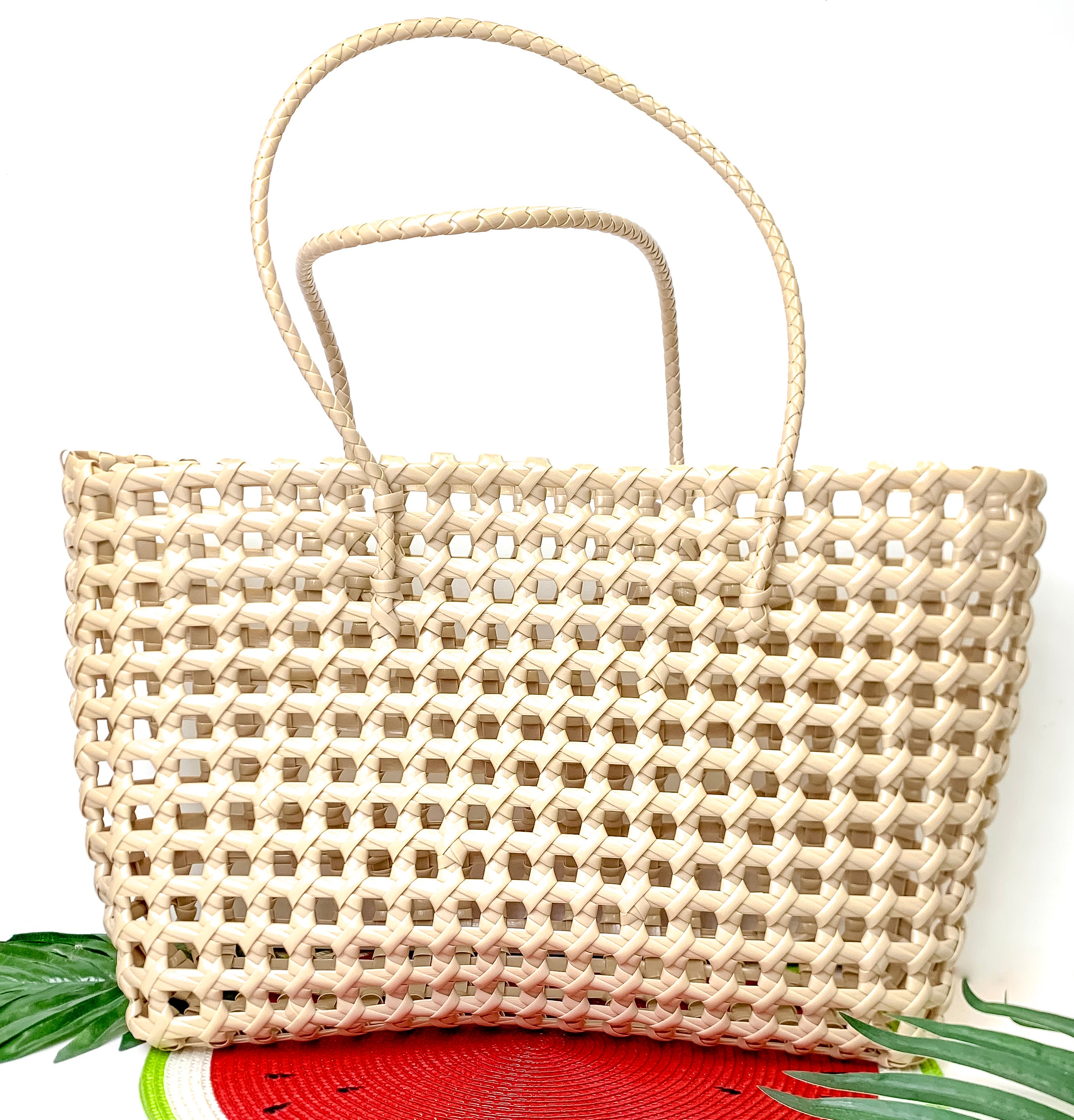 Beachy Brights Basket Tote Bag in Beige - Giddy Up Glamour Boutique