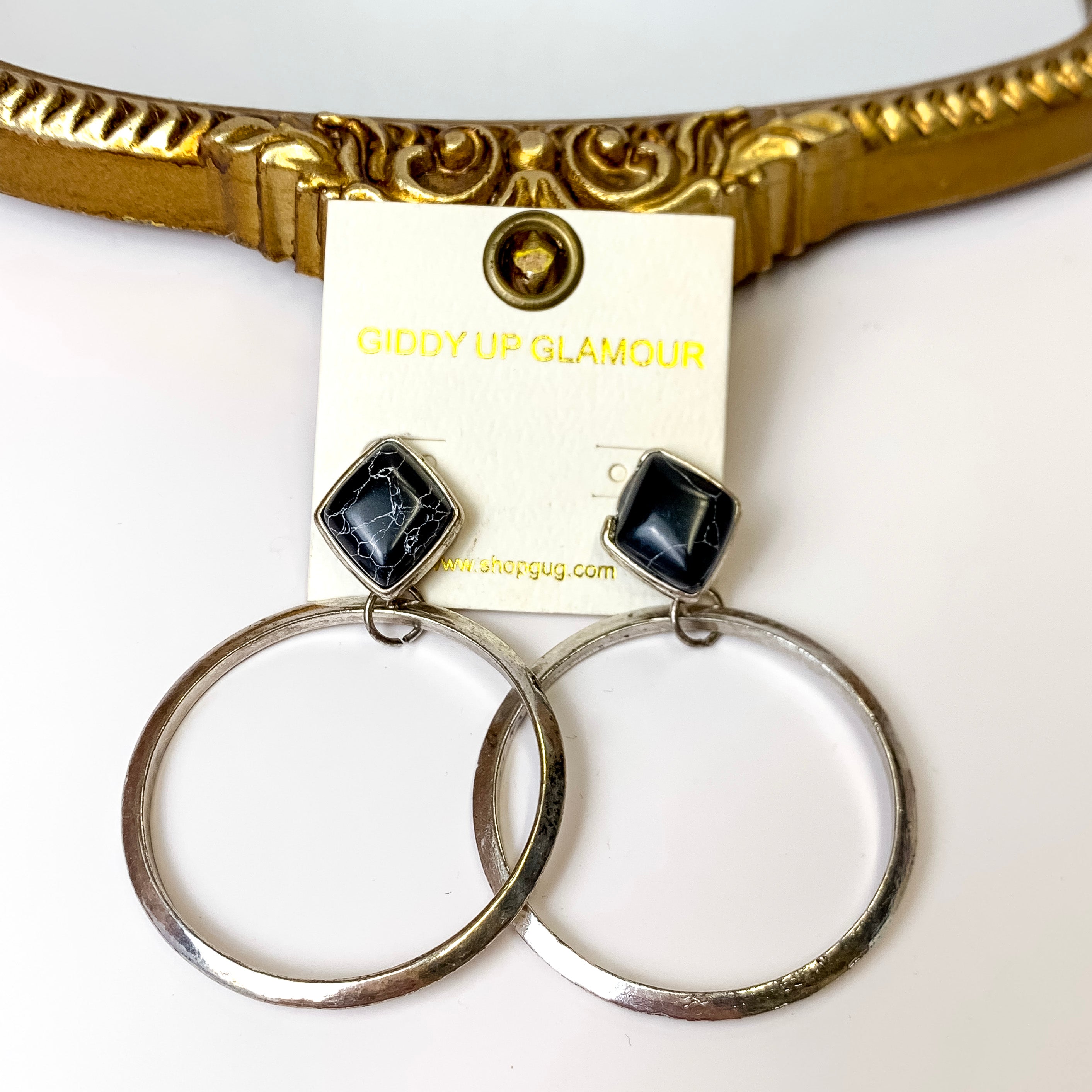 Circle Drop and Diamond Stone Post Silver Earrings in Black - Giddy Up Glamour Boutique