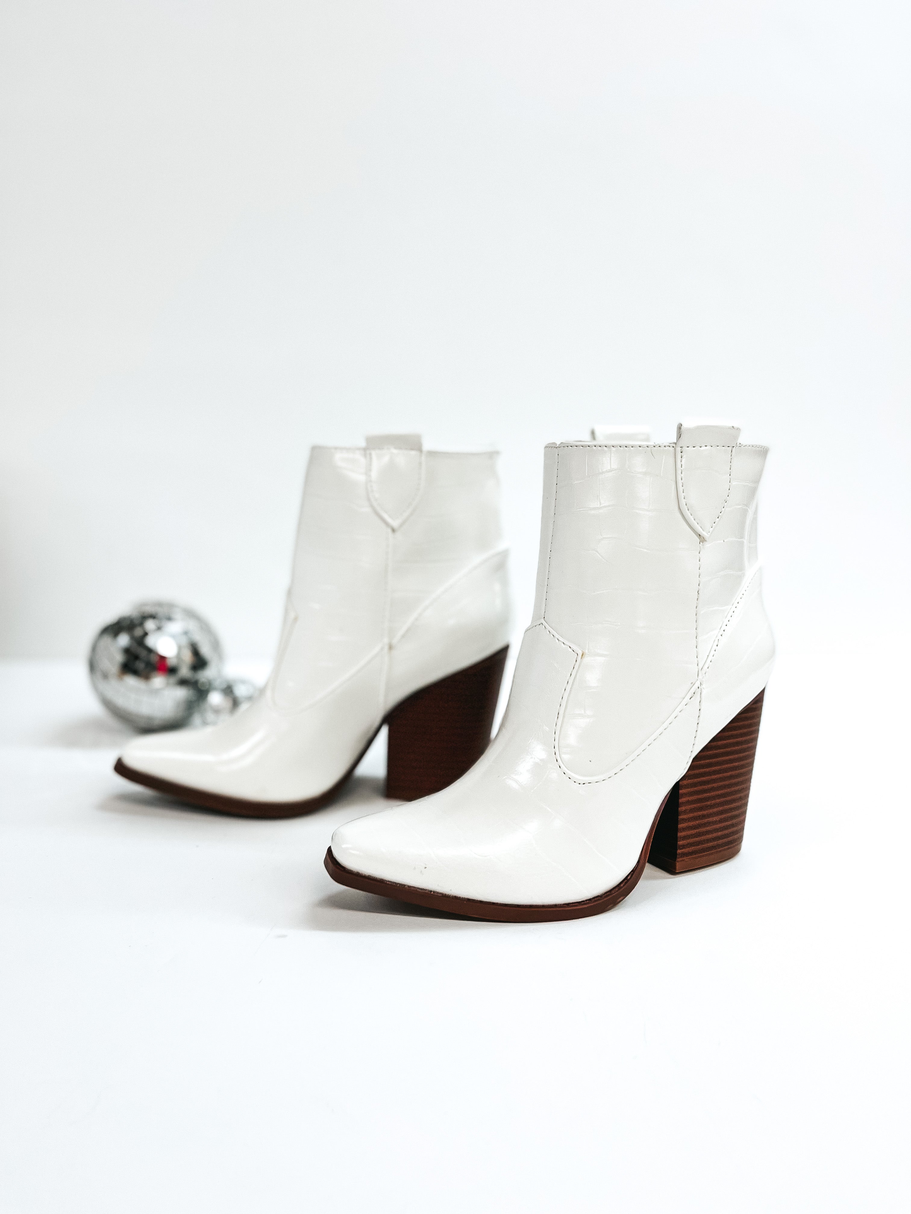 Broadway Strut Crocodile Print Heeled Ankle Booties in White - Giddy Up Glamour Boutique