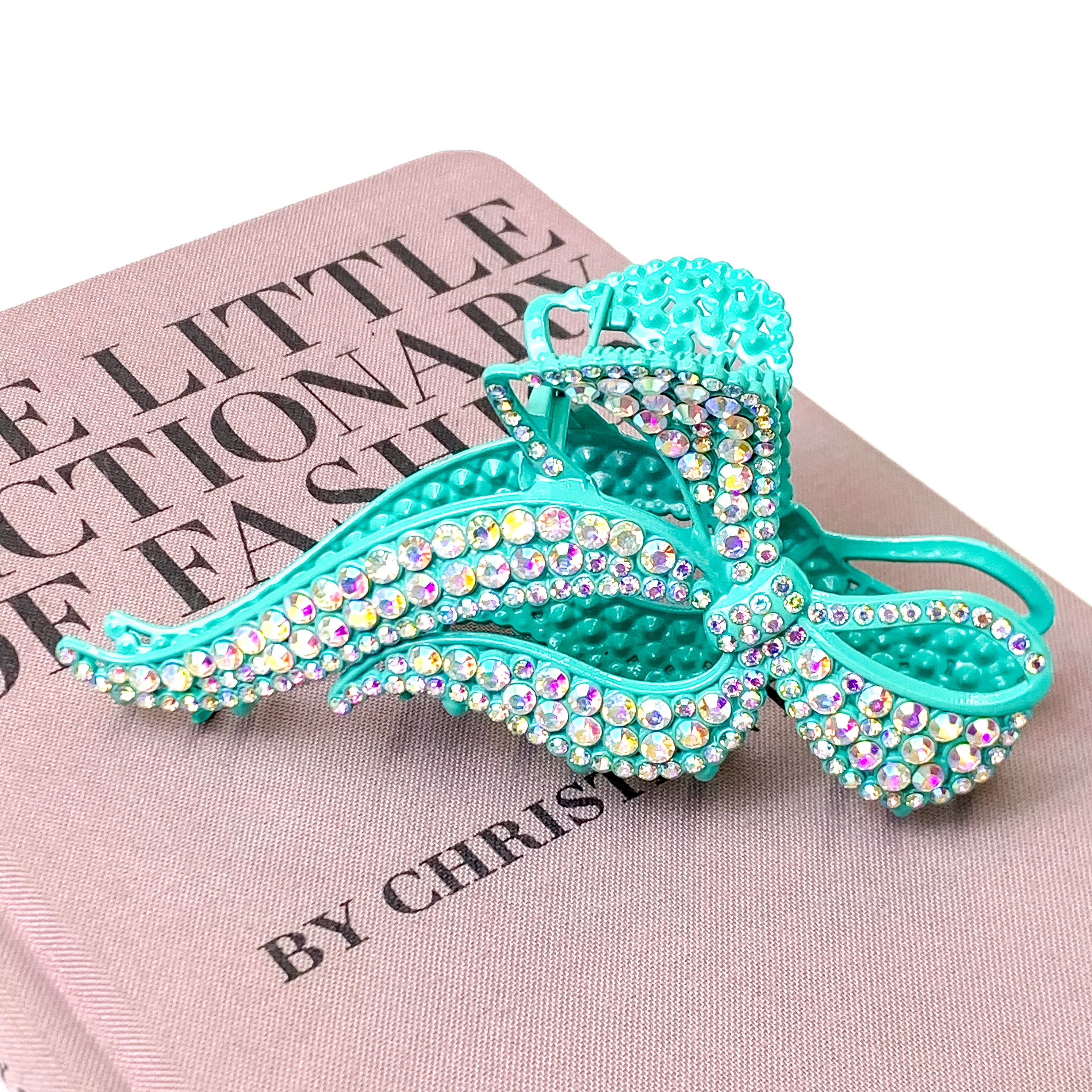 AB Crystal Embellished Bow Shaped Metal Hair Clip in Turquoise Blue - Giddy Up Glamour Boutique