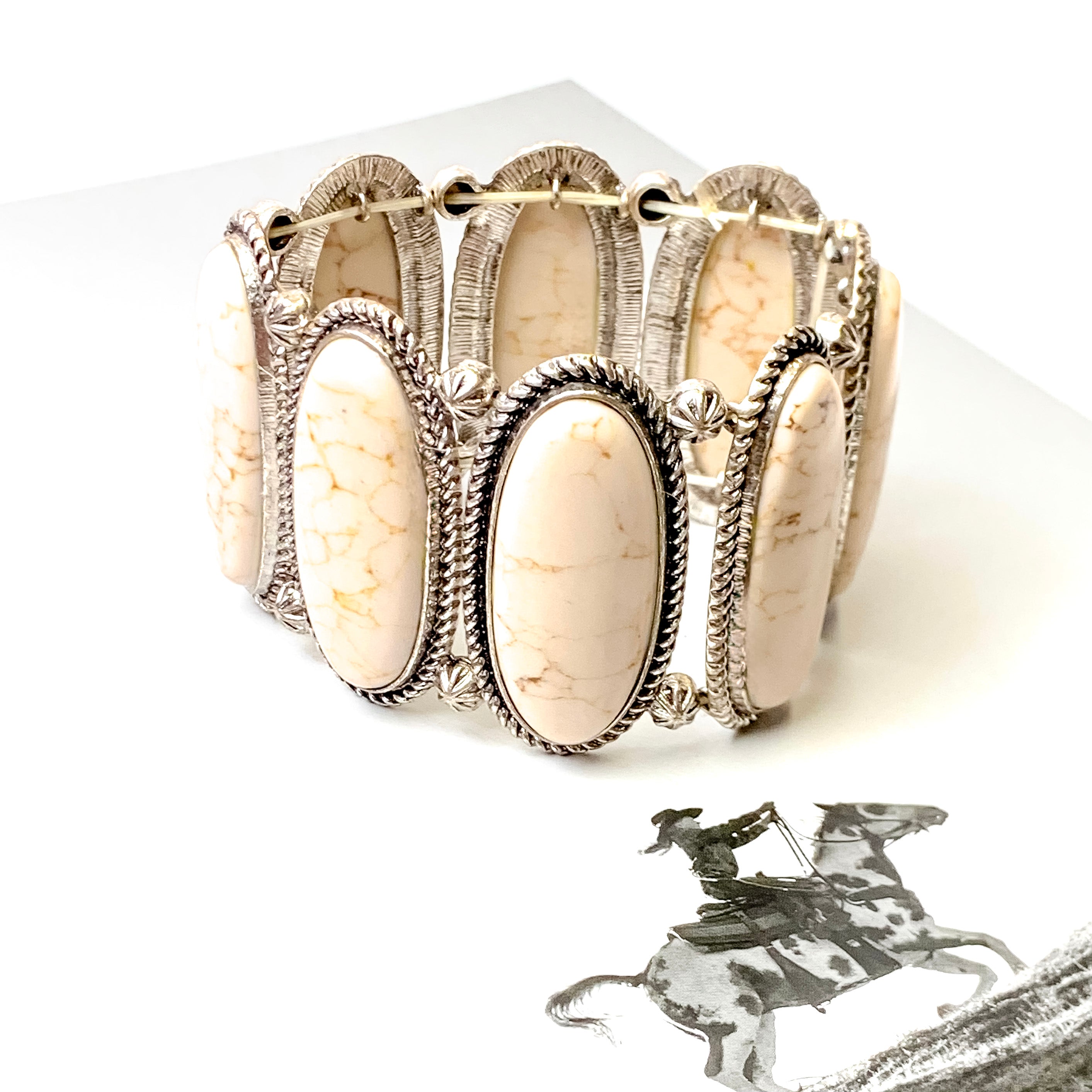Oval Pendant Stretchy Bracelet in Ivory - Giddy Up Glamour Boutique