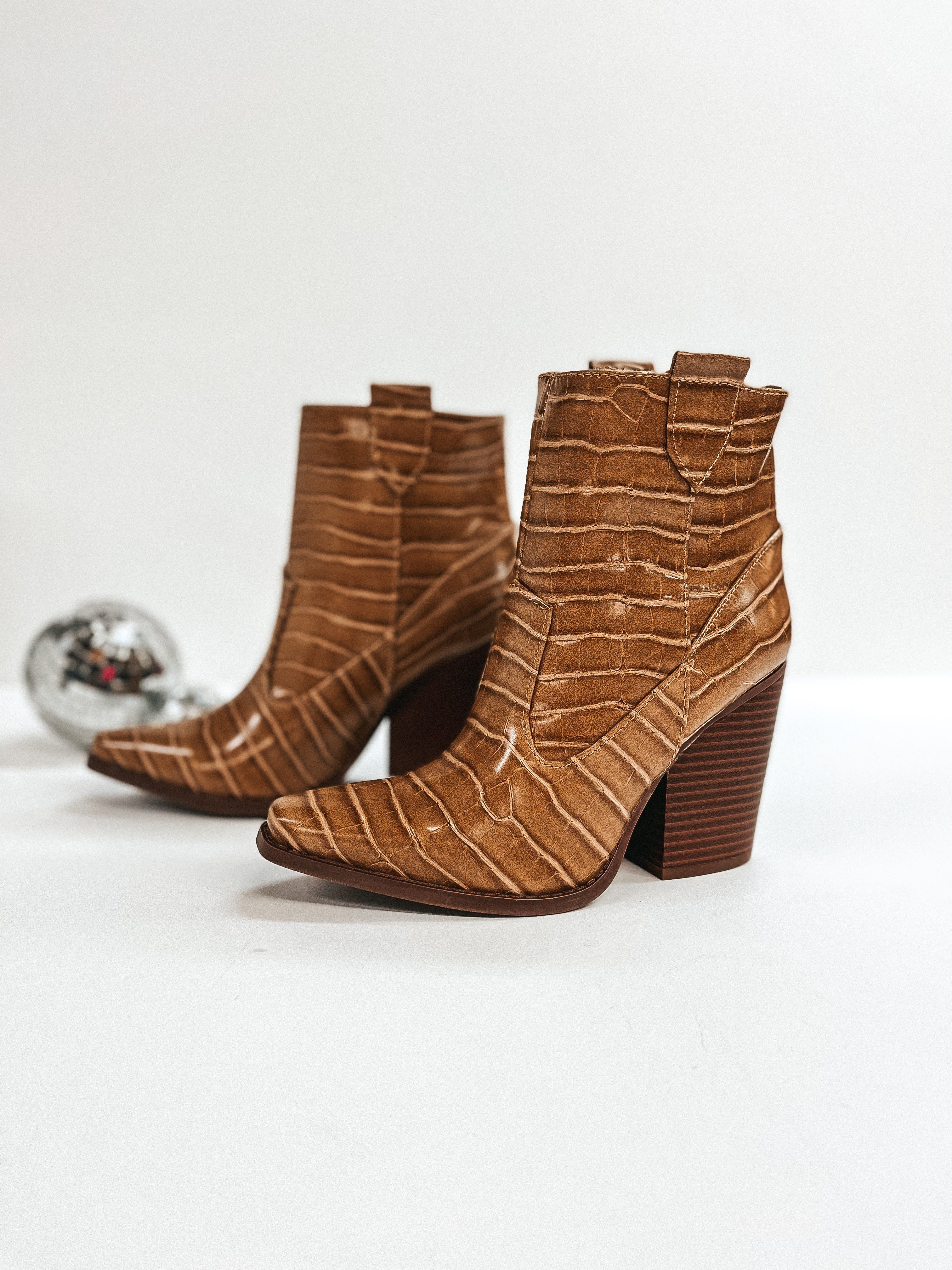 Broadway Strut Crocodile Print Heeled Ankle Booties in Caramel Brown - Giddy Up Glamour Boutique