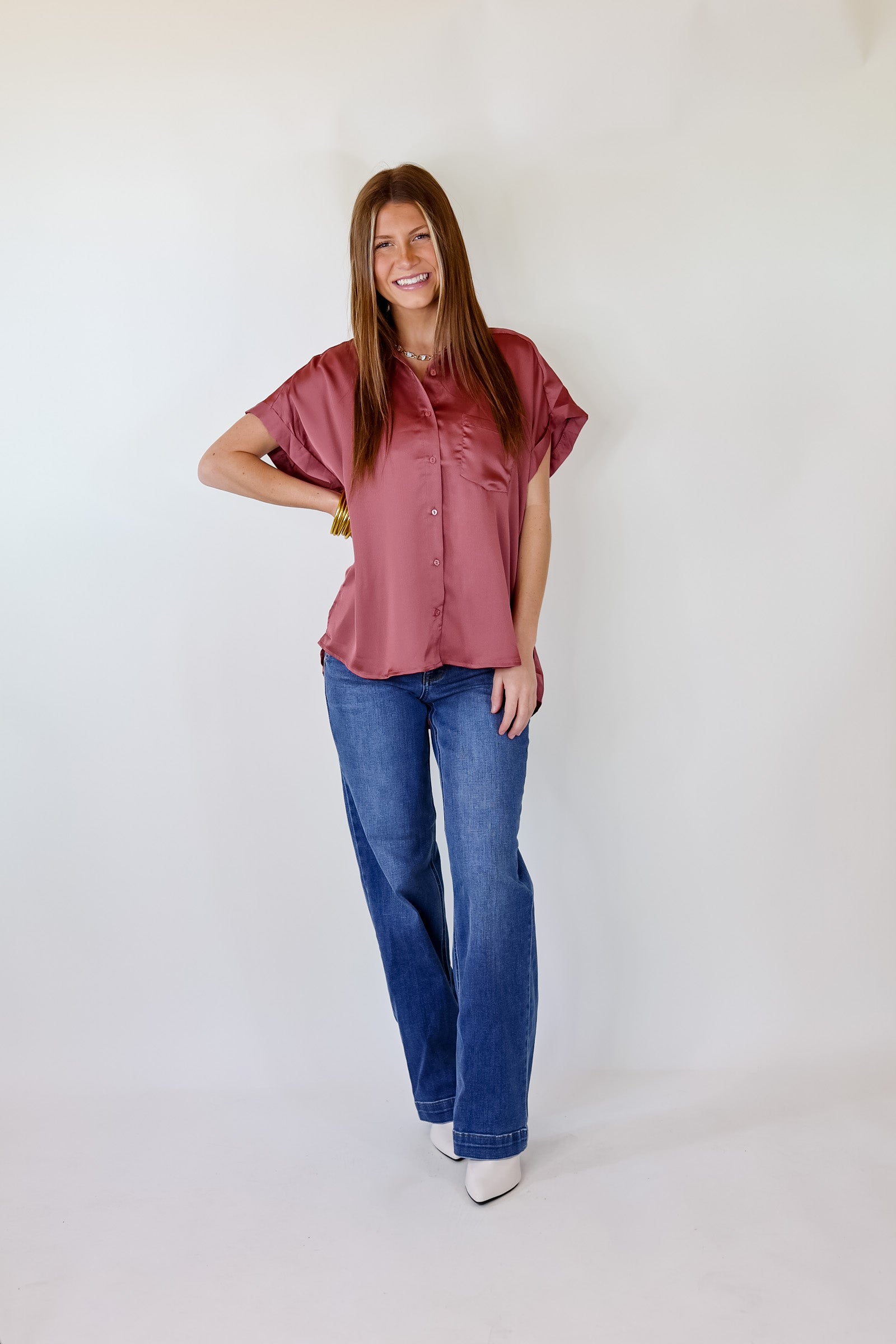 Free To Be Fab Button Up Short Sleeve Top in Mauve Pink - Giddy Up Glamour Boutique