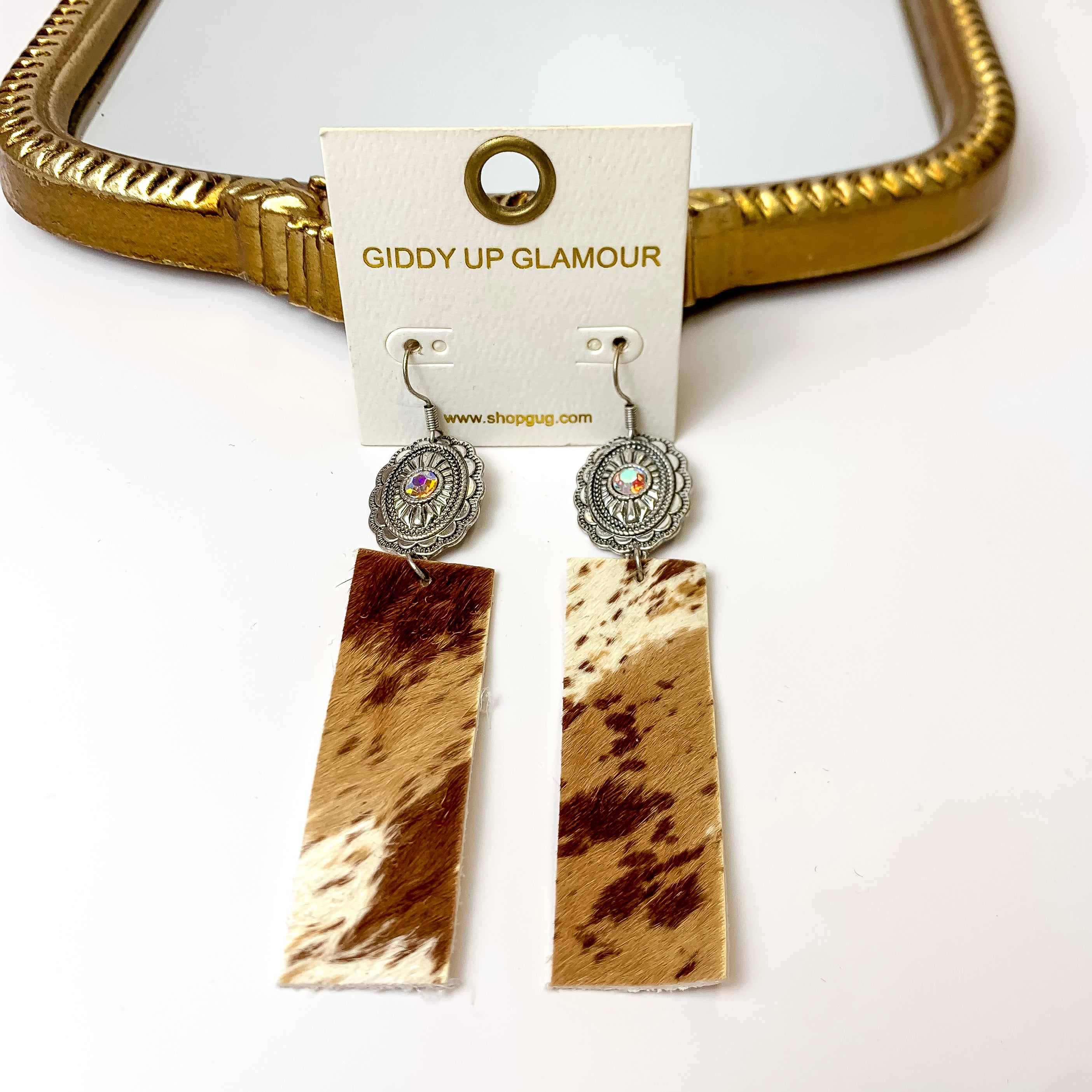 Silver Concho Earrings with Faux Cow Hide in Brown/White - Giddy Up Glamour Boutique