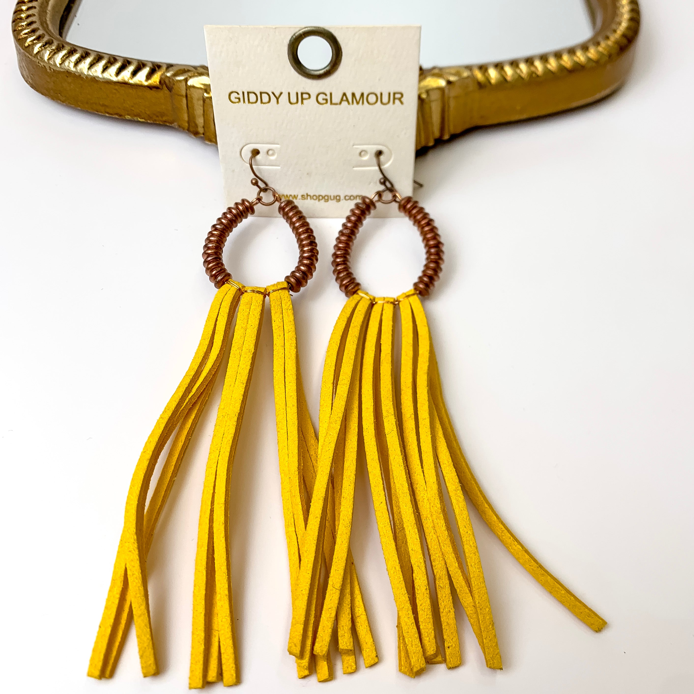 Copper Tone Metal Disk Beaded Teardrop Earrings with Yellow Faux Leather Tassels - Giddy Up Glamour Boutique