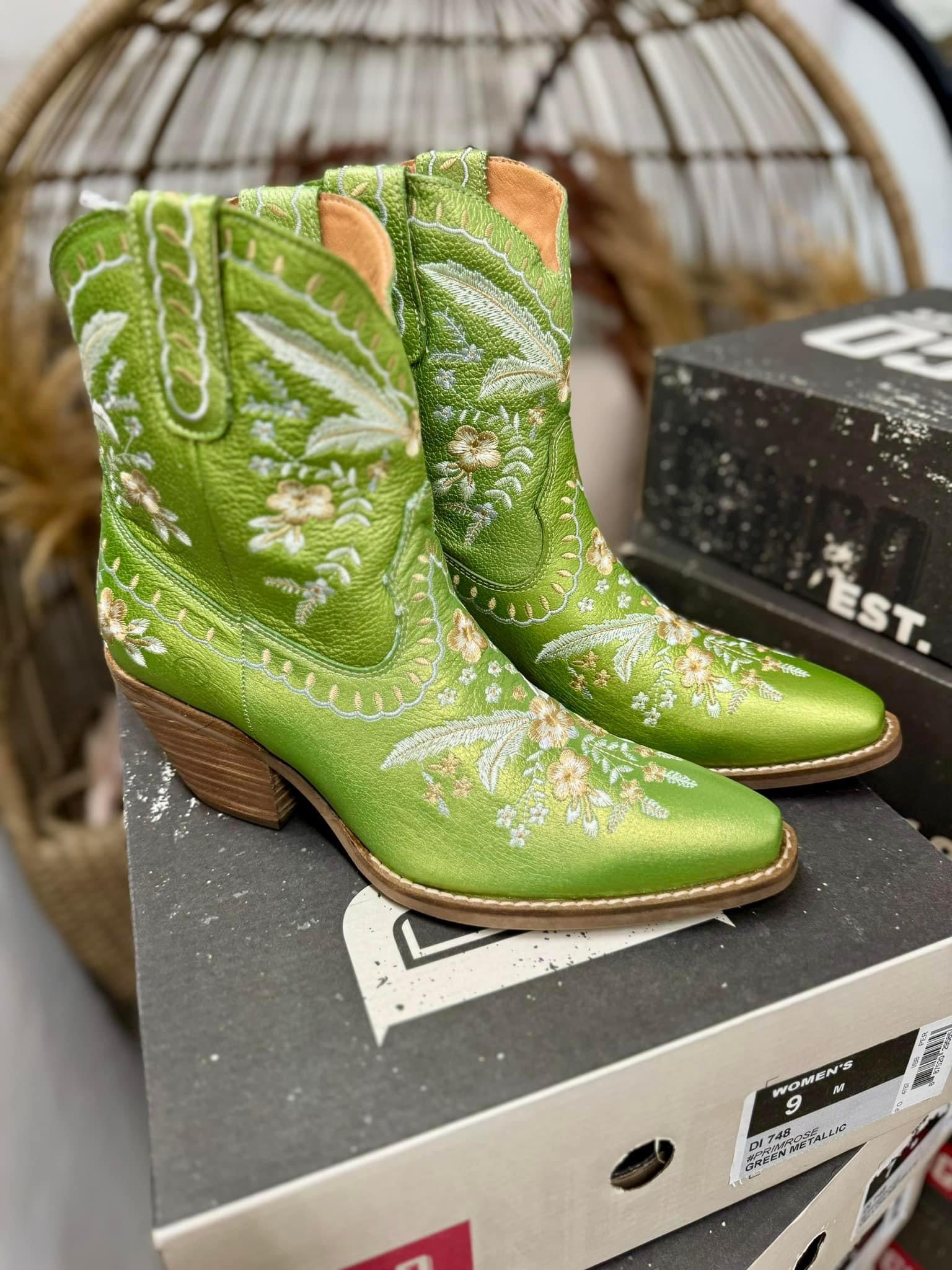 Last Chance Size 9 | Dingo | Primrose Leather Floral Stitch Bootie in Green Metallic - Model Pair - Giddy Up Glamour Boutique