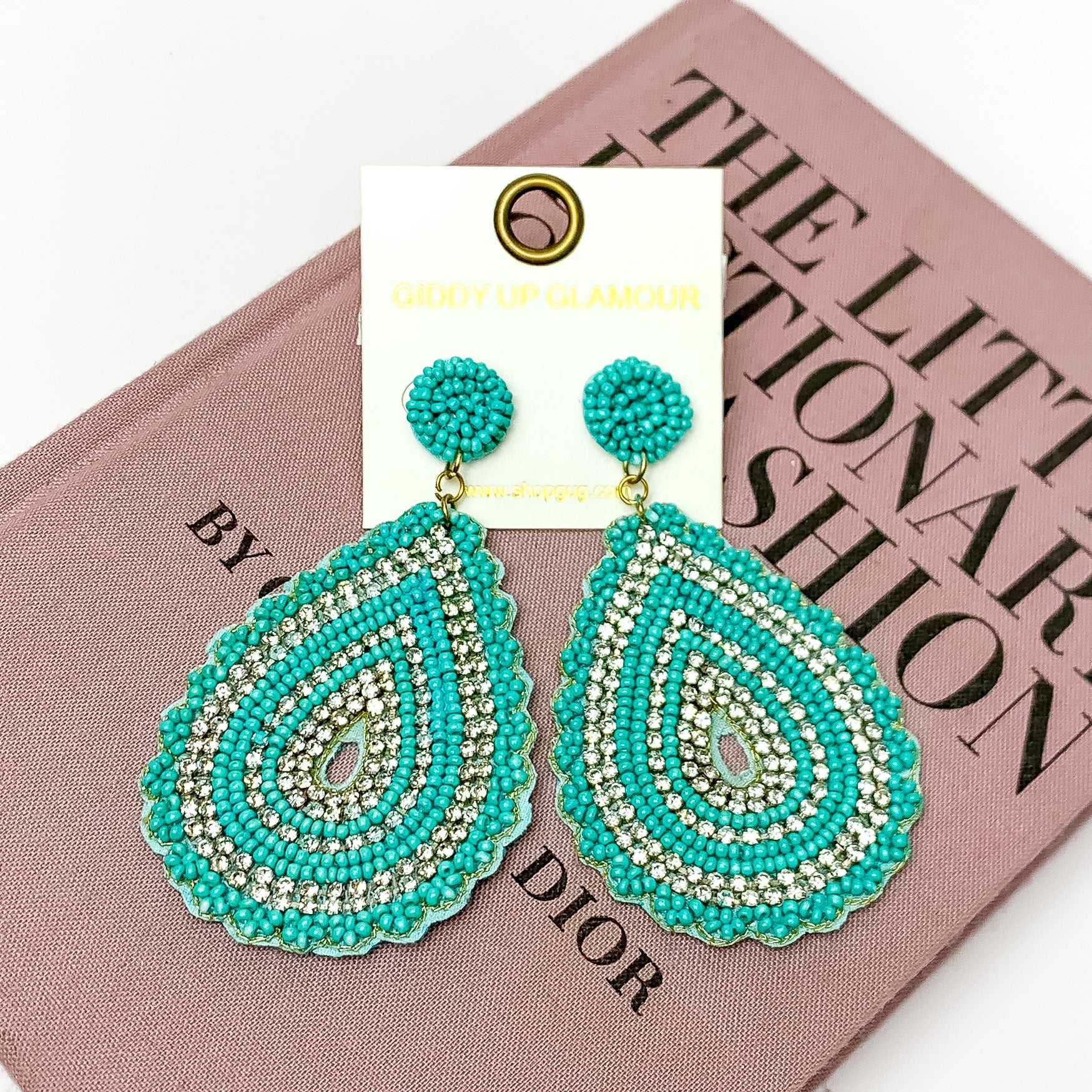 Sound Wave Beaded Teardrop Earrings with Clear Crystals in Turquoise - Giddy Up Glamour Boutique