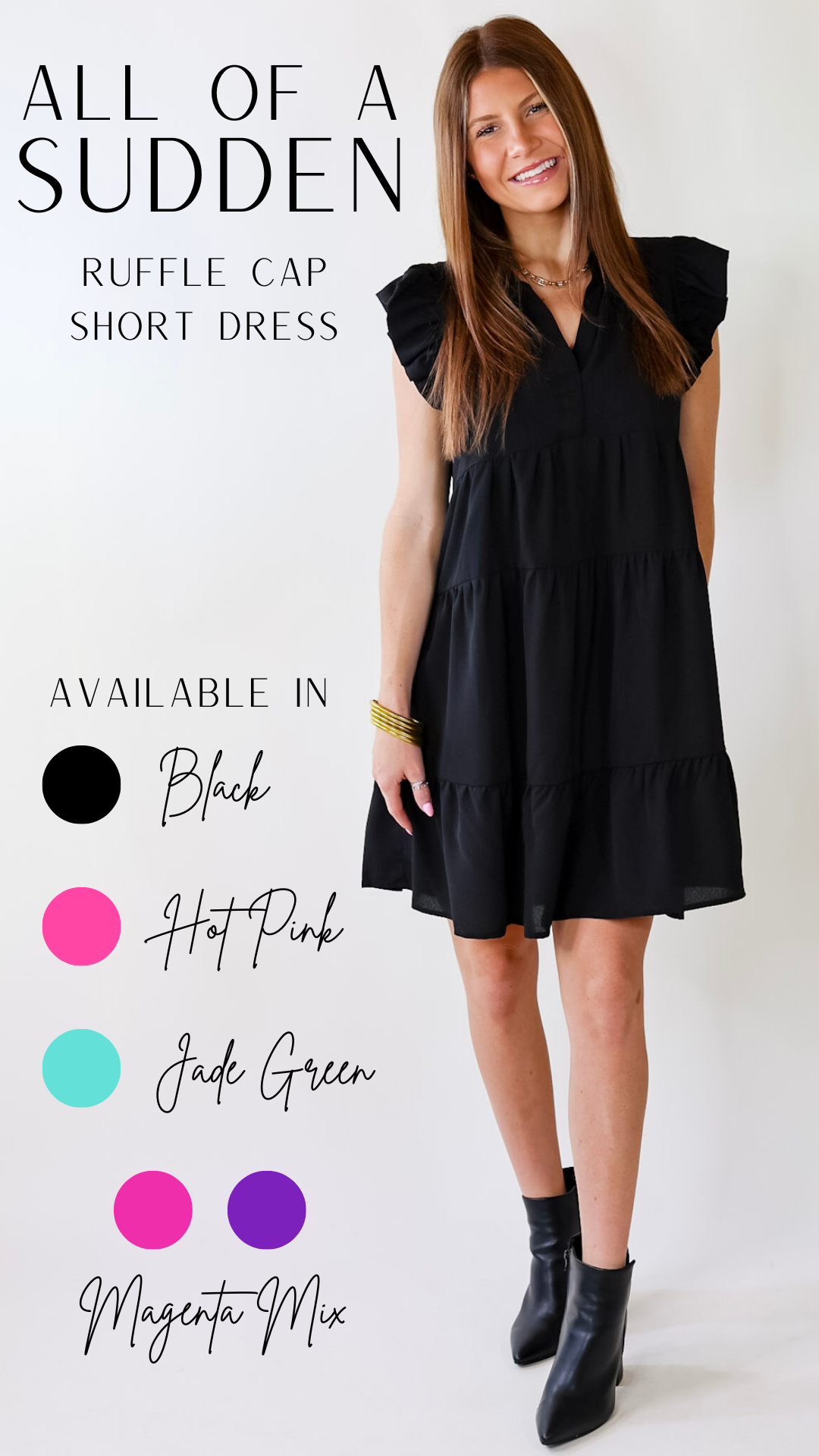 All Of A Sudden Ruffle Cap Sleeve Short Dress in Black - Giddy Up Glamour Boutique