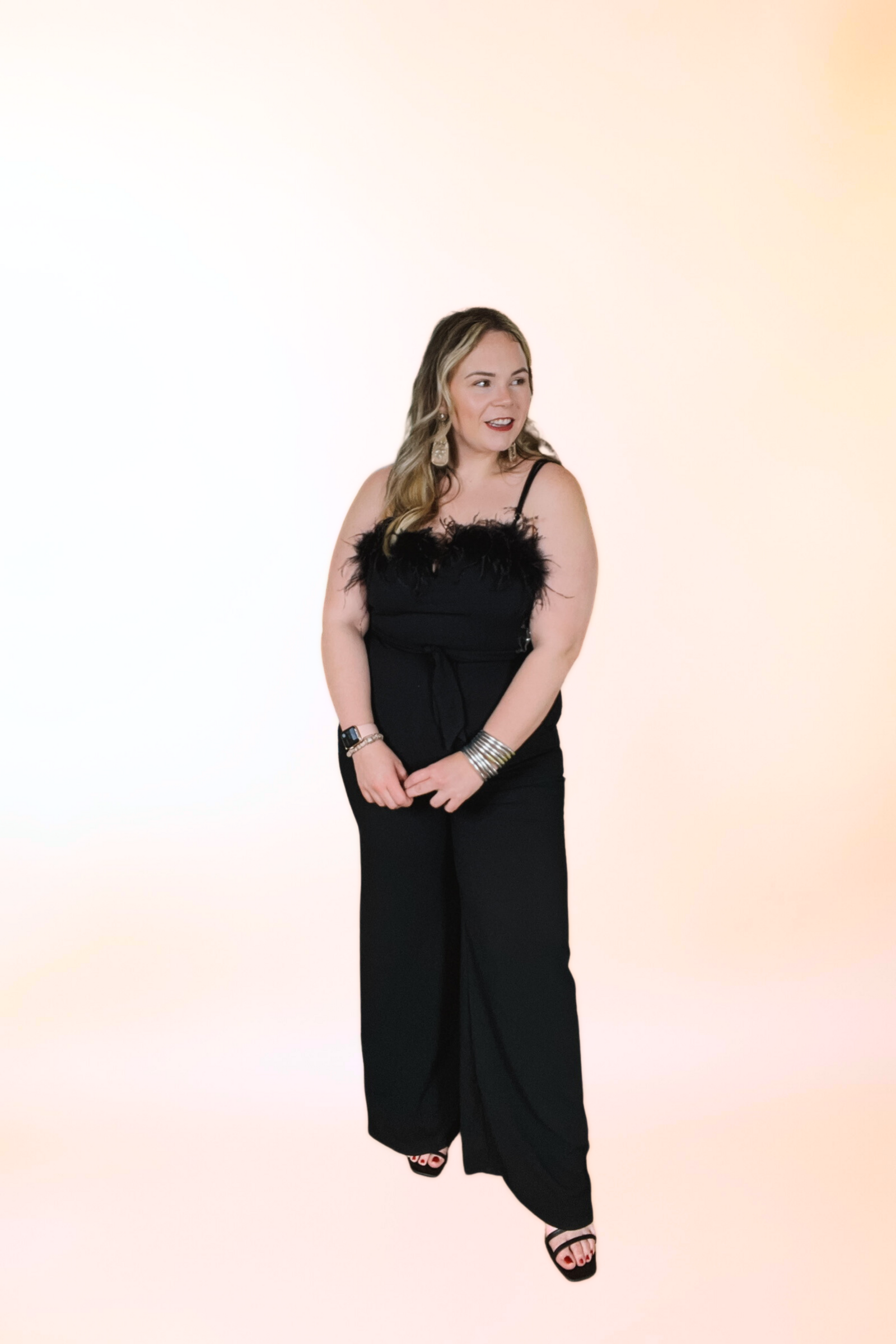 Cue The Lights Feather Jumpsuit with Waist Tie in Black - Giddy Up Glamour Boutique