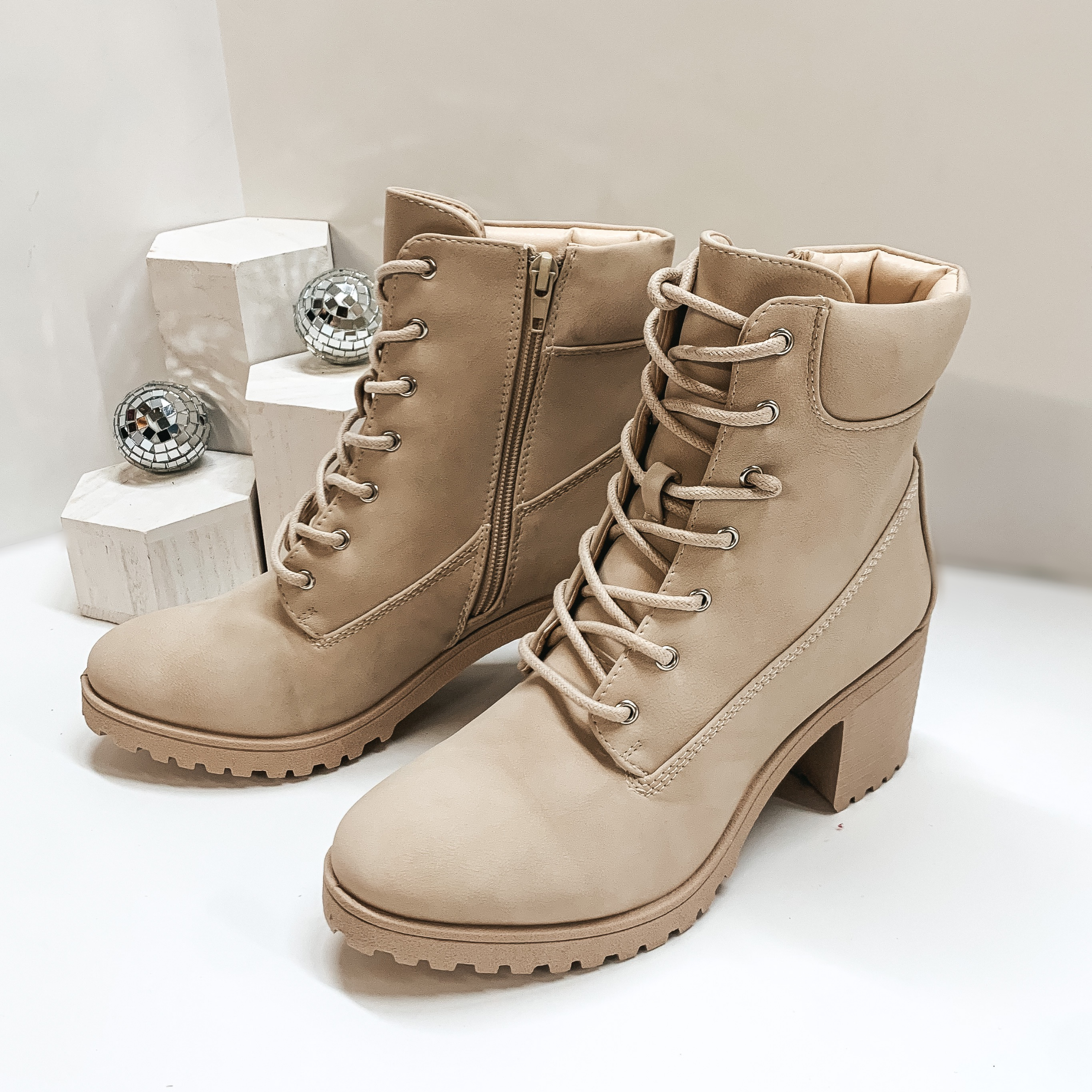 Aspen Stroll Lace Up Heeled Booties in Beige - Giddy Up Glamour Boutique
