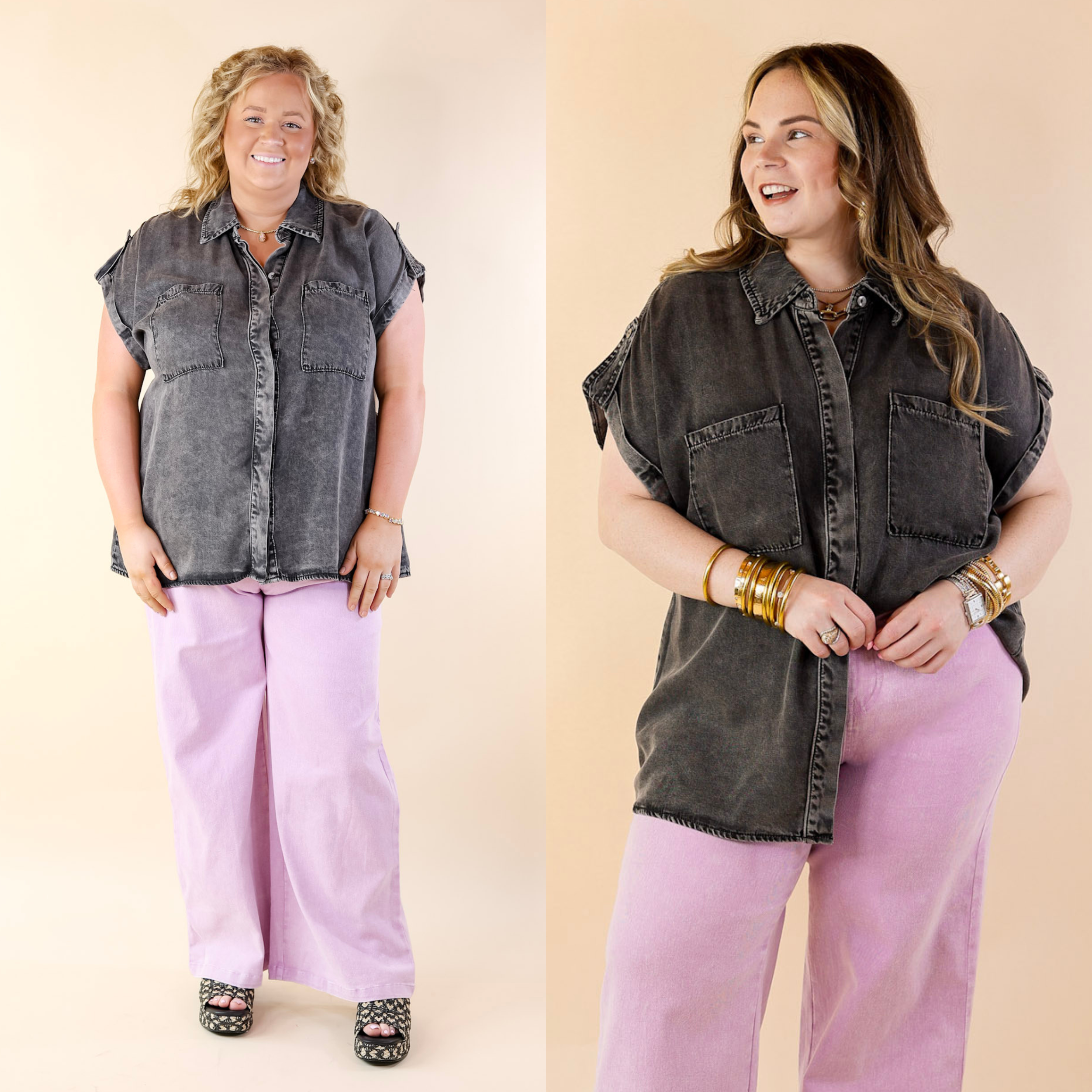 Fast Forward Denim Hidden Button Up Top with Short Sleeves in Black - Giddy Up Glamour Boutique