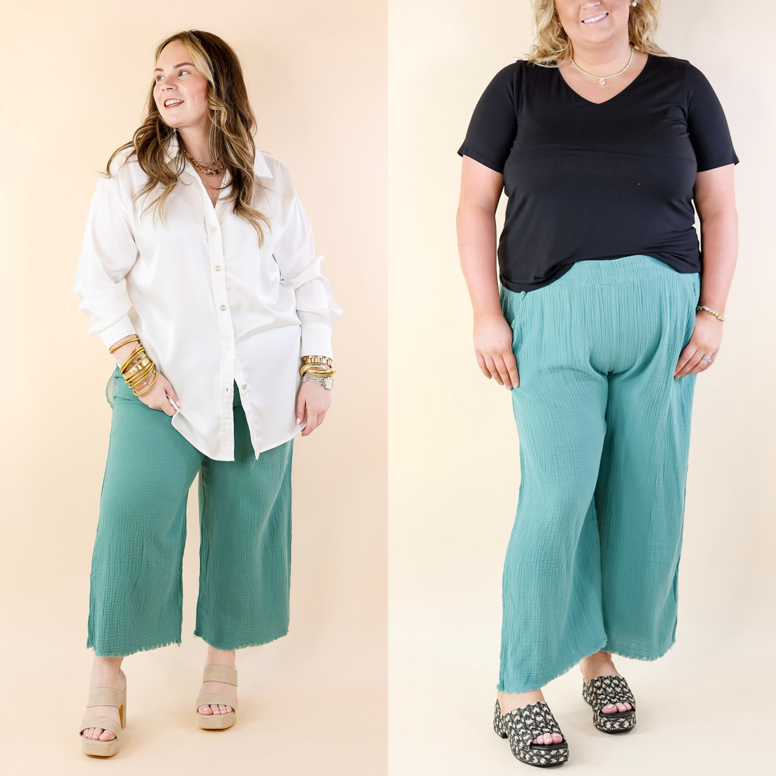 Right On Cue Elastic Waistband Cropped Pants with Frayed Hem in Dusty Green - Giddy Up Glamour Boutique