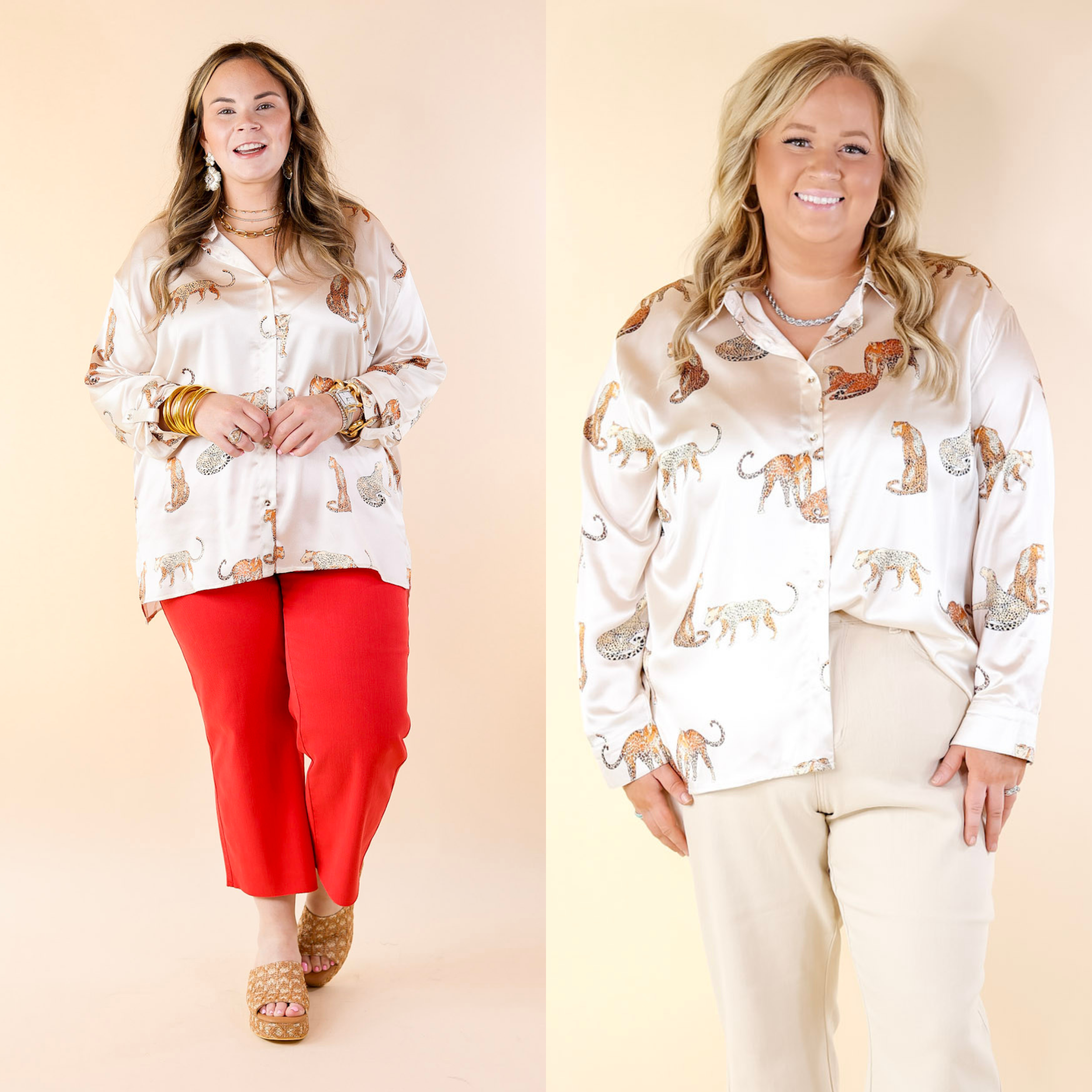 Wild For You Button Up Cheetah Print Top with Long Sleeves in Ivory - Giddy Up Glamour Boutique