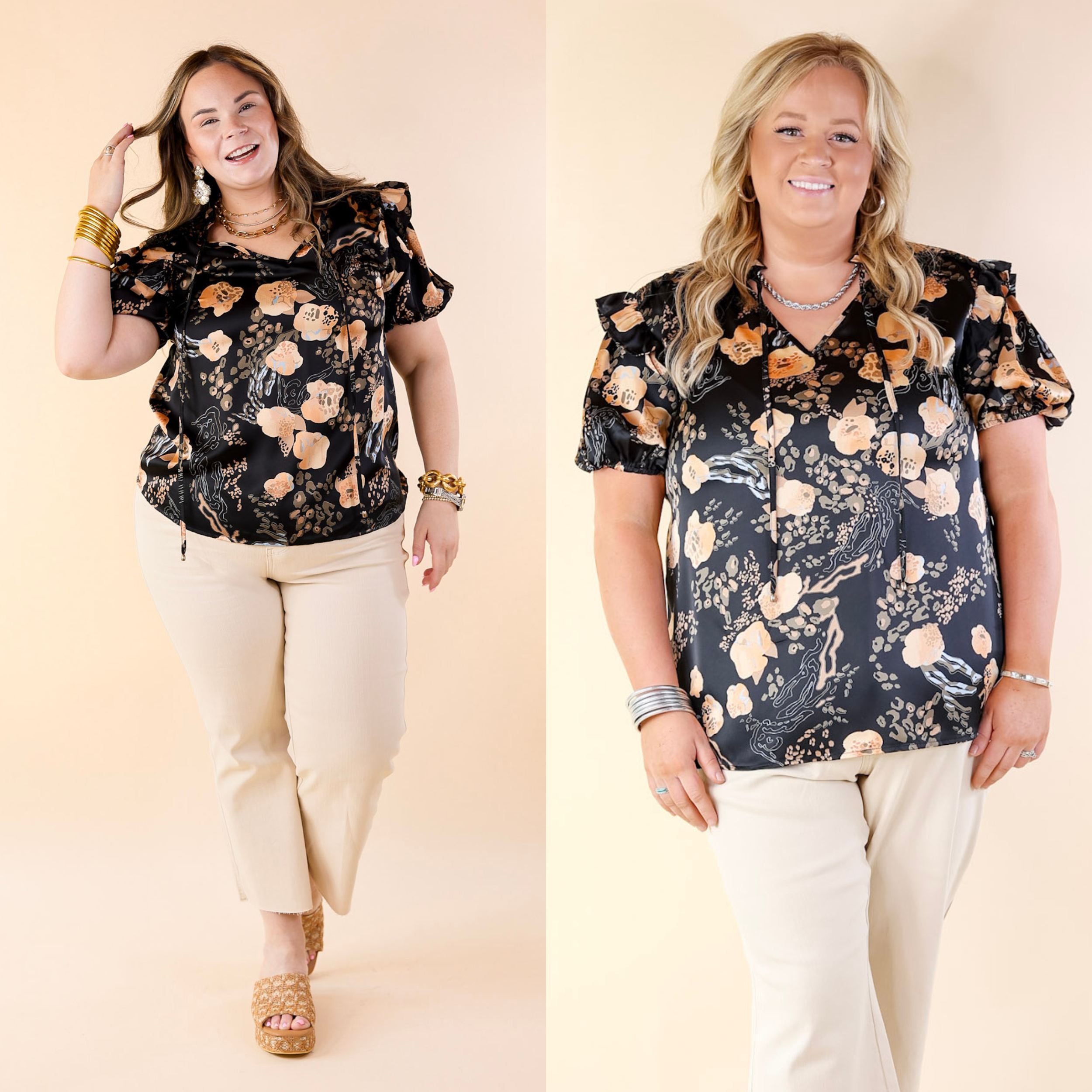 One And Only Mix Print Satin Blouse with Keyhole Front in Black - Giddy Up Glamour Boutique