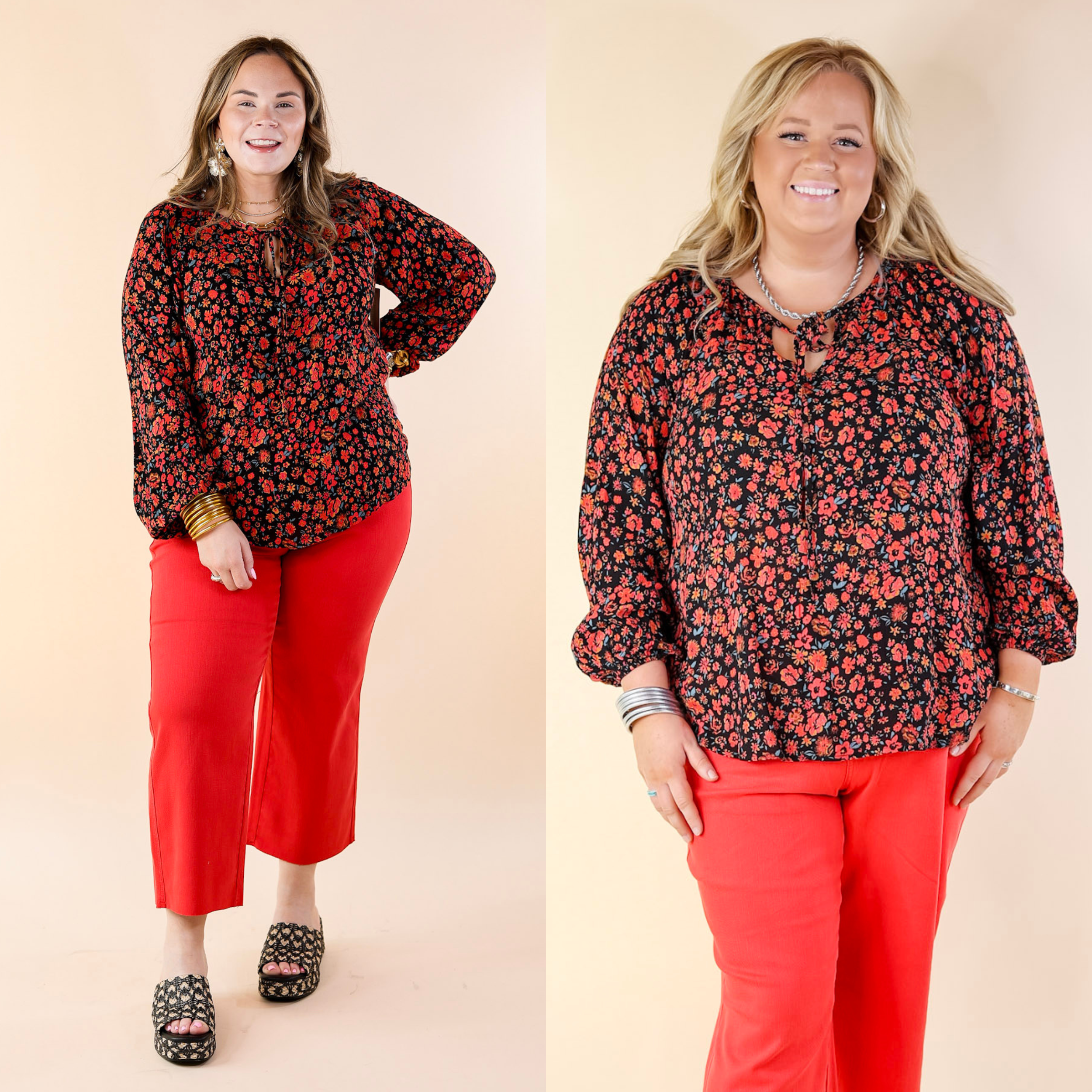 Market Street Memories Floral Print Long Sleeve Top with Front Keyhole in Black - Giddy Up Glamour Boutique