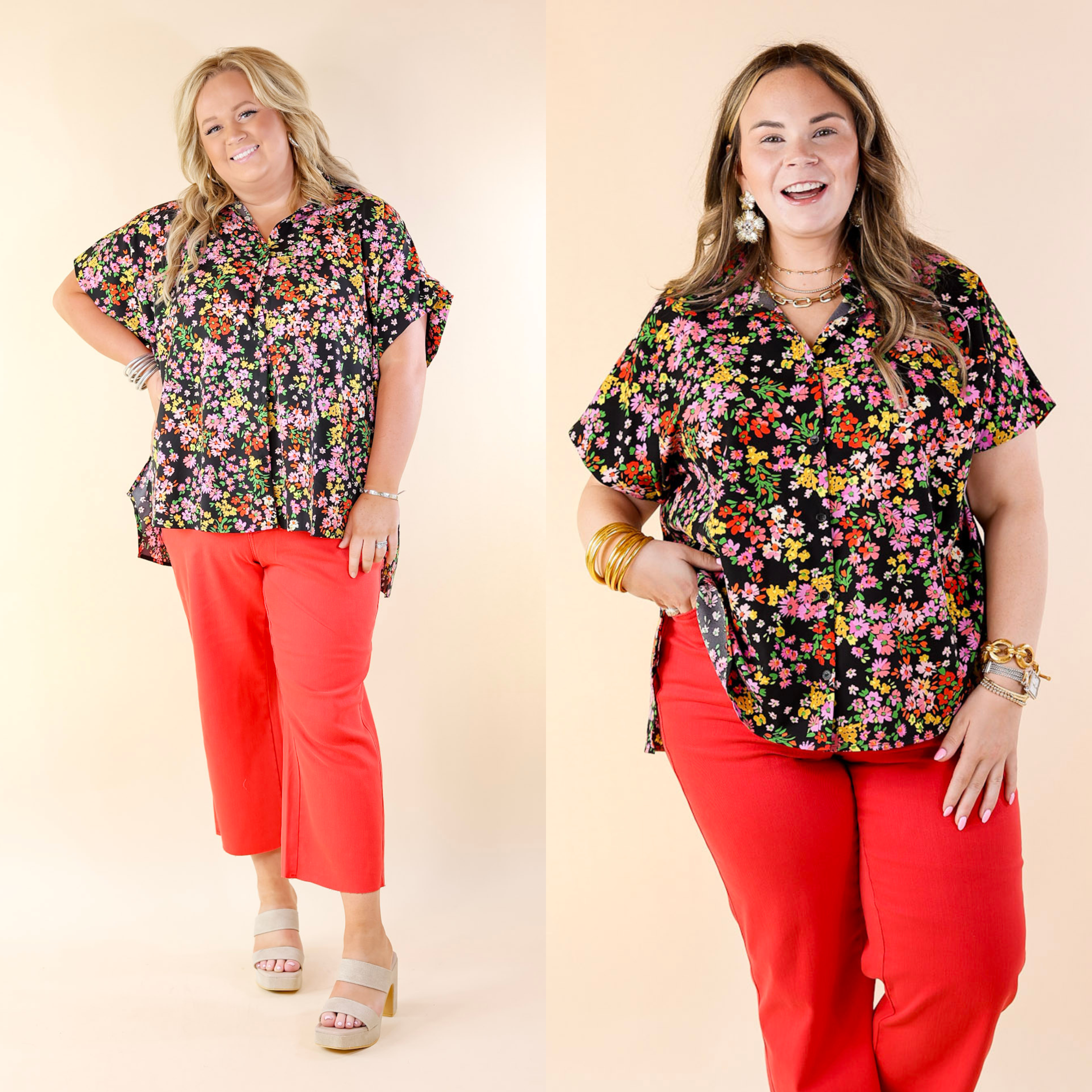 Adventure Awaits Floral Print Top with Collar in Black - Giddy Up Glamour Boutique