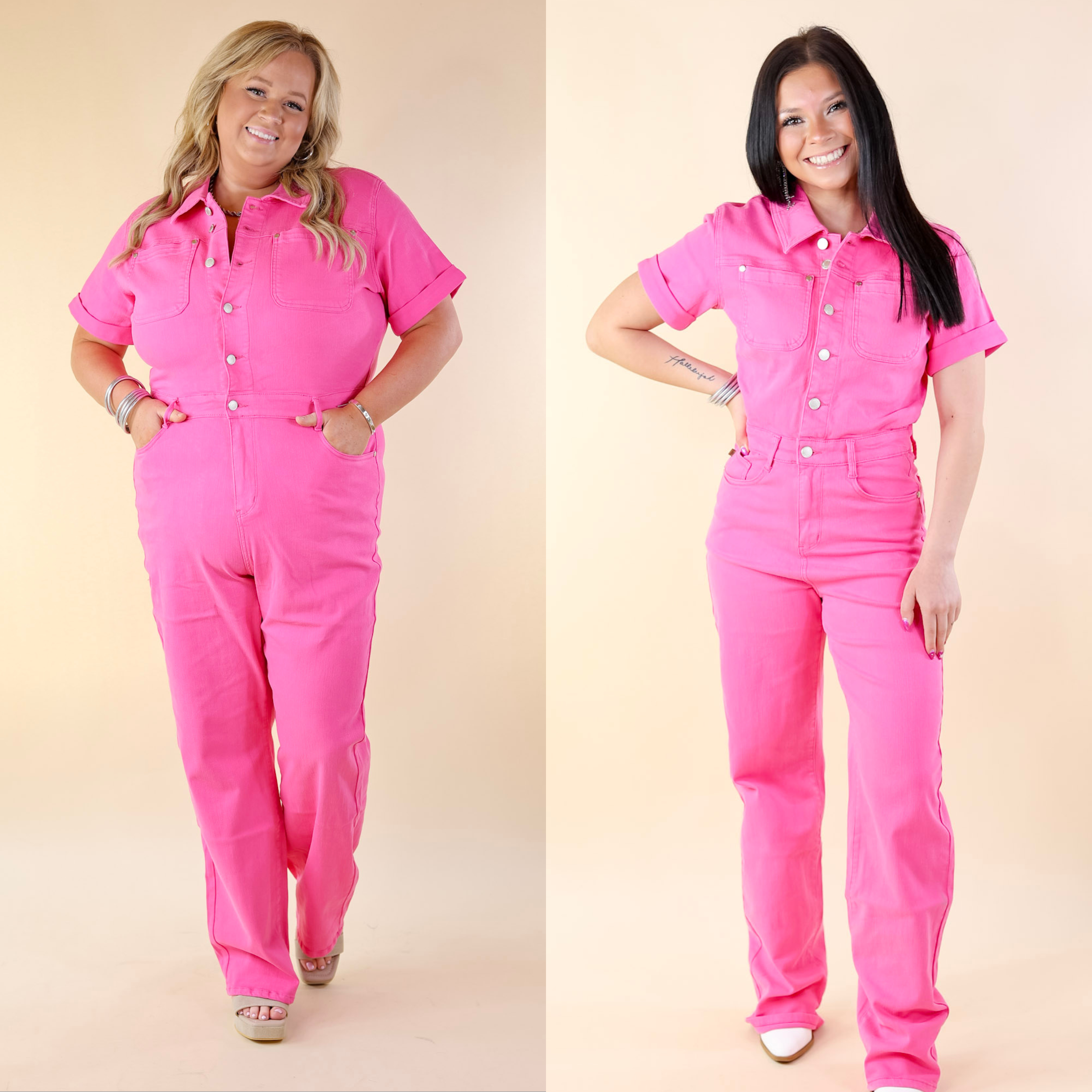Judy Blue | New To The City Short Sleeve Denim Jumpsuit in Hot Pink - Giddy Up Glamour Boutique