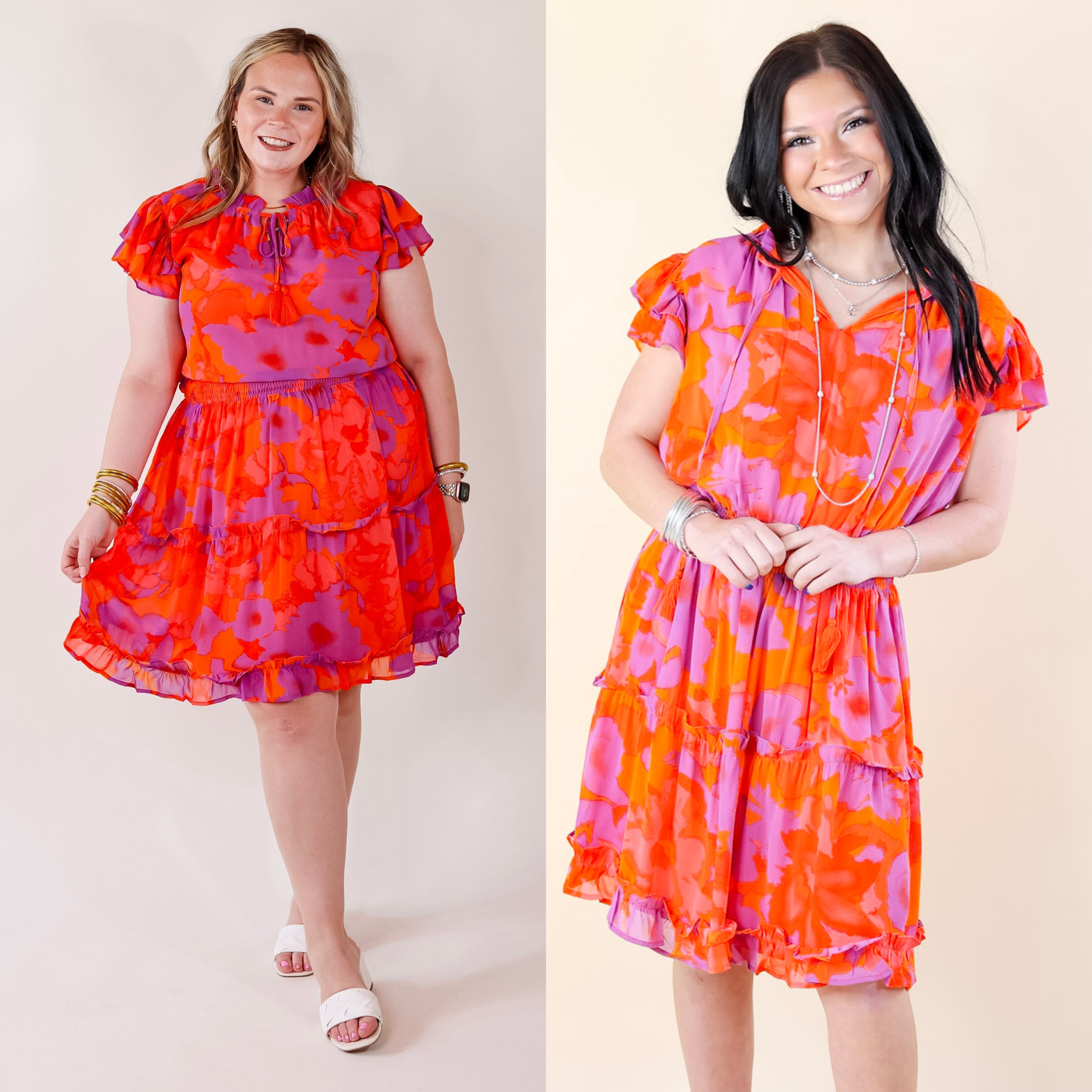 Girl On Fire Ruffle Sleeve and Tie Neck Dress in Orange and Purple - Giddy Up Glamour Boutique