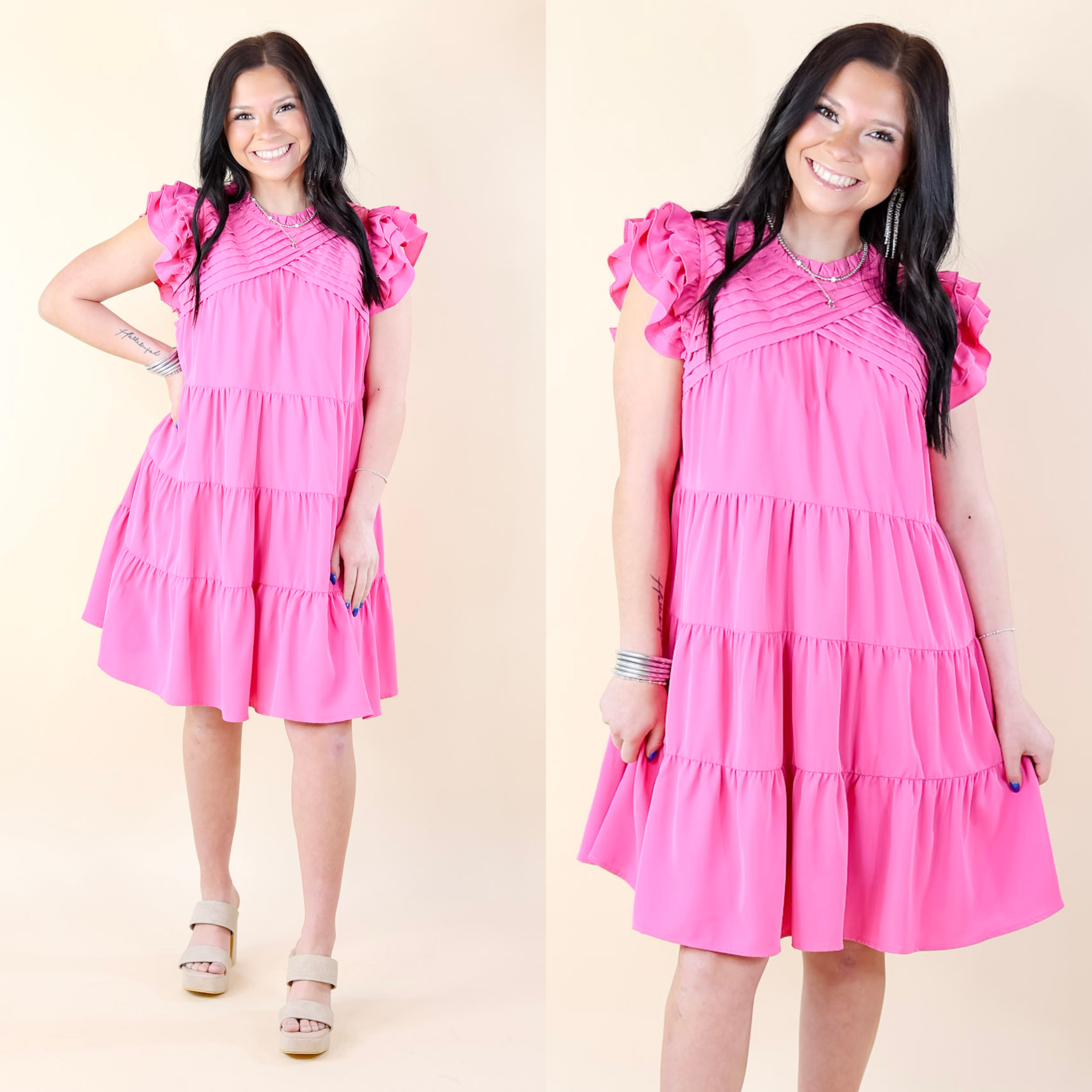 Chic On Scene Ruffle Tiered Dress with Pleated Detailing in Pink - Giddy Up Glamour Boutique