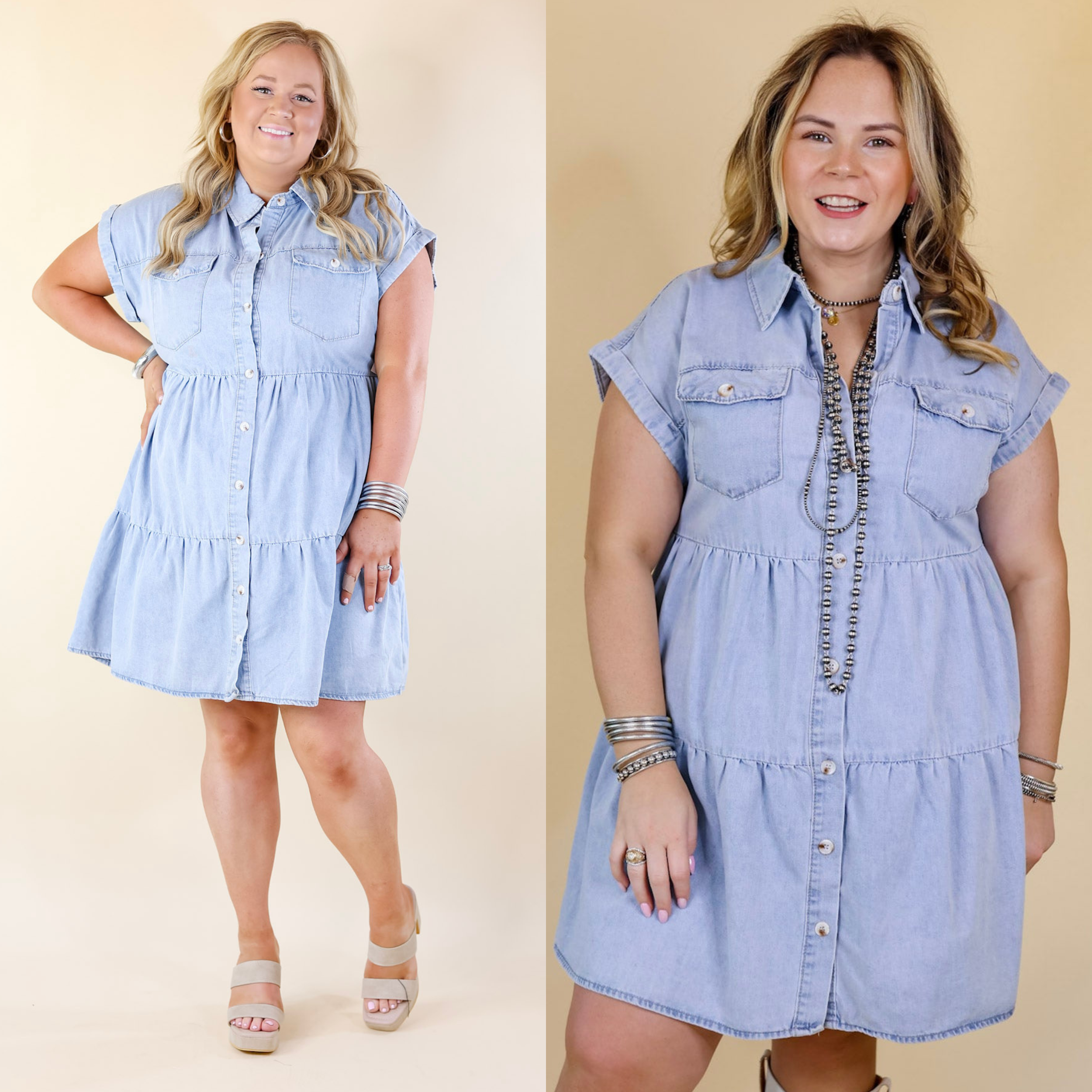 Latest Obsession Button Up Denim Tiered Dress in Light Wash - Giddy Up Glamour Boutique