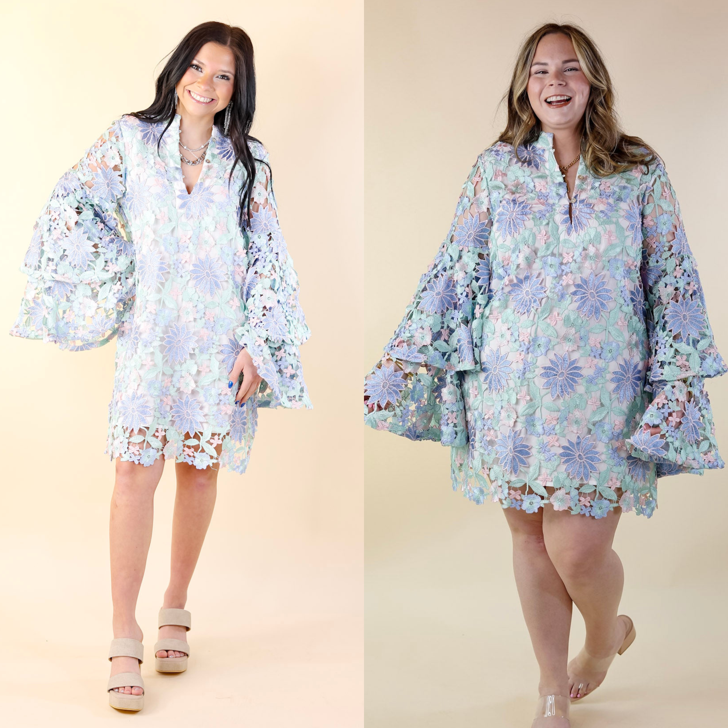 BuddyLove | Gayle Long Sleeve Mini Dress in Bellflower (Blue, Mint Green and Pink) - Giddy Up Glamour Boutique