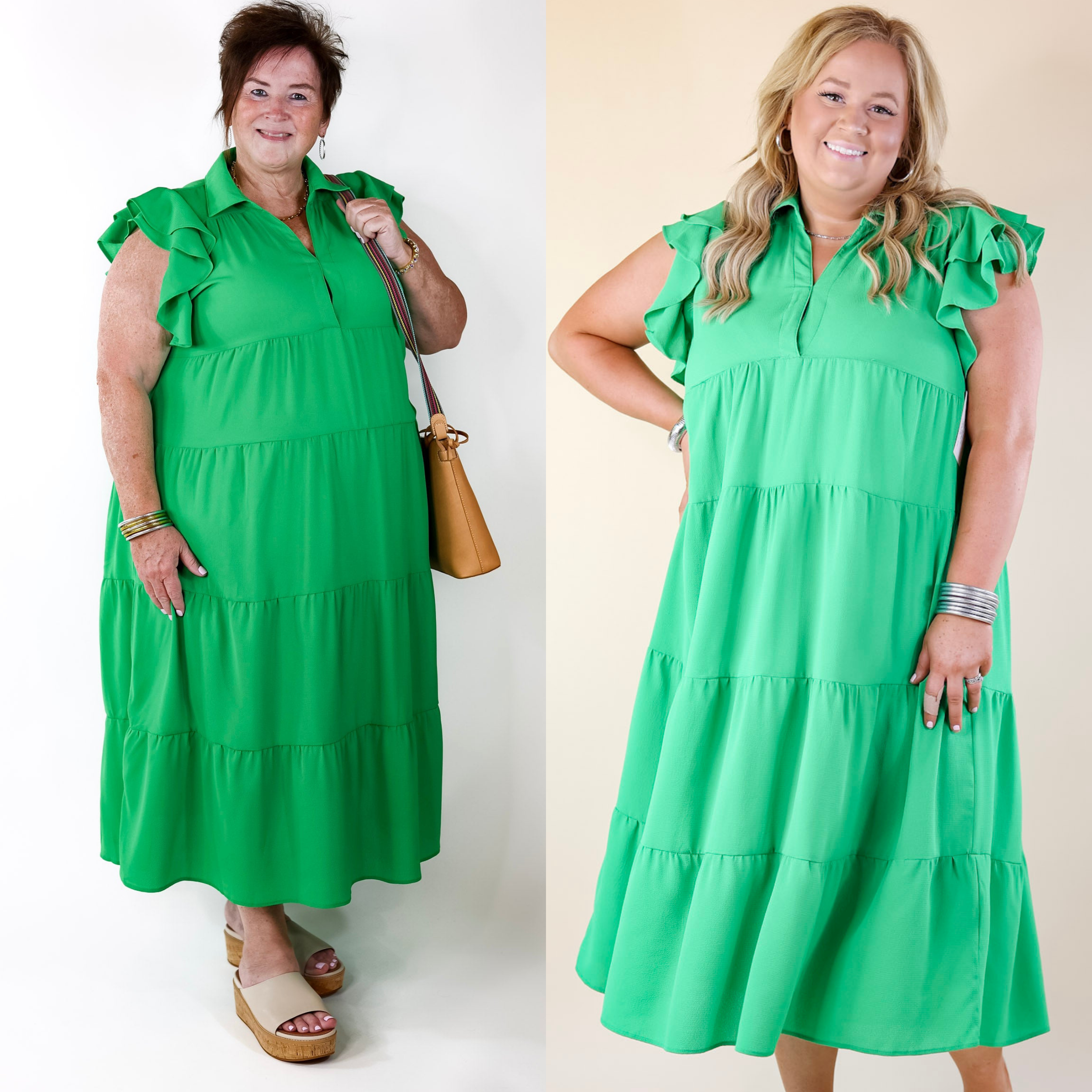 All Of A Sudden Tiered Midi Dress with Ruffle Cap Sleeves in Green - Giddy Up Glamour Boutique